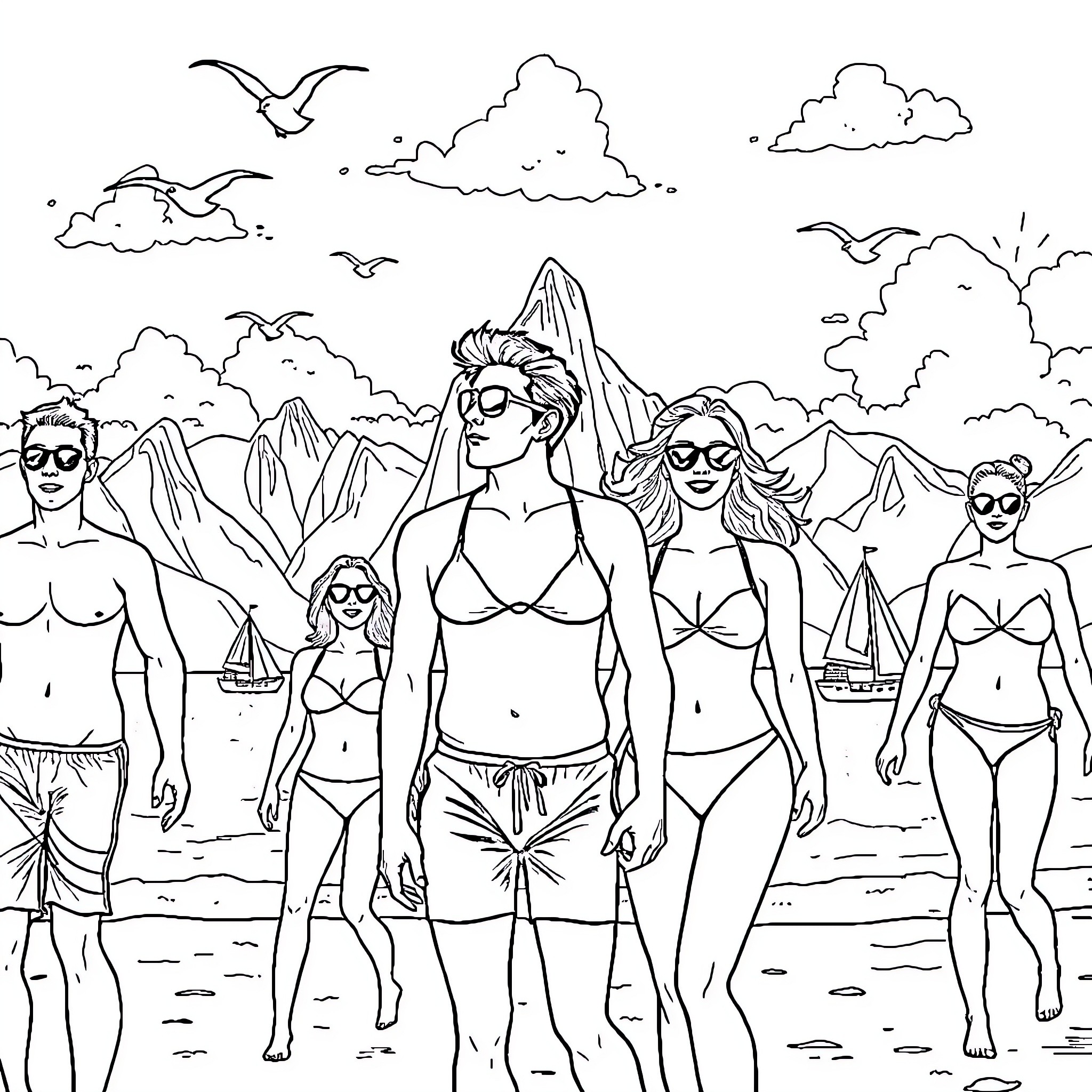 Bikini-clad beachgoers enjoying the scenery Coloring Page (free black-and-white line drawing printable PDF for all, from beginners to advanced learners, including children, teens, adults, and seniors)