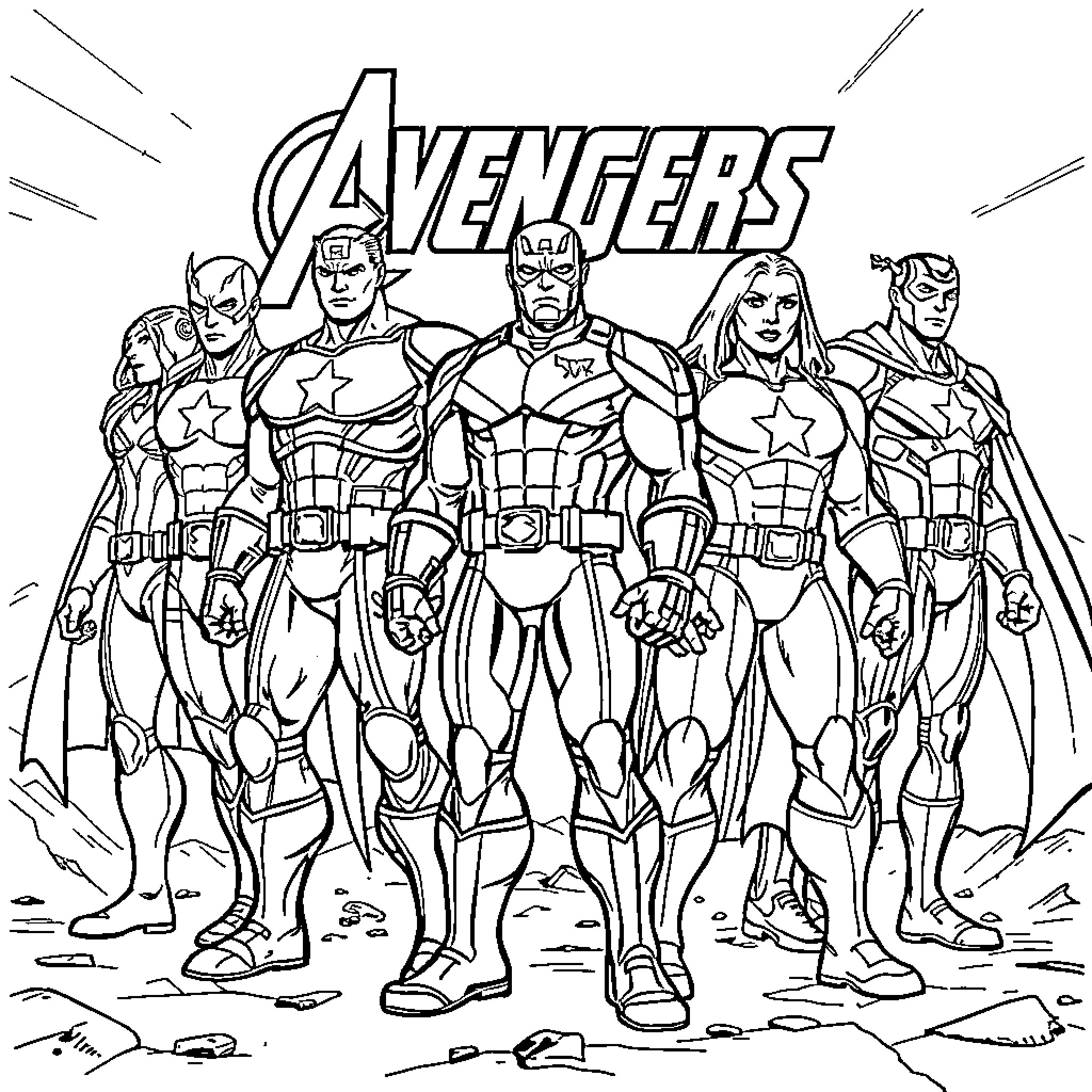 Avengers team assembling for heroic action Coloring Page (free black-and-white line drawing printable PDF for all, from beginners to advanced learners, including children, teens, adults, and seniors)