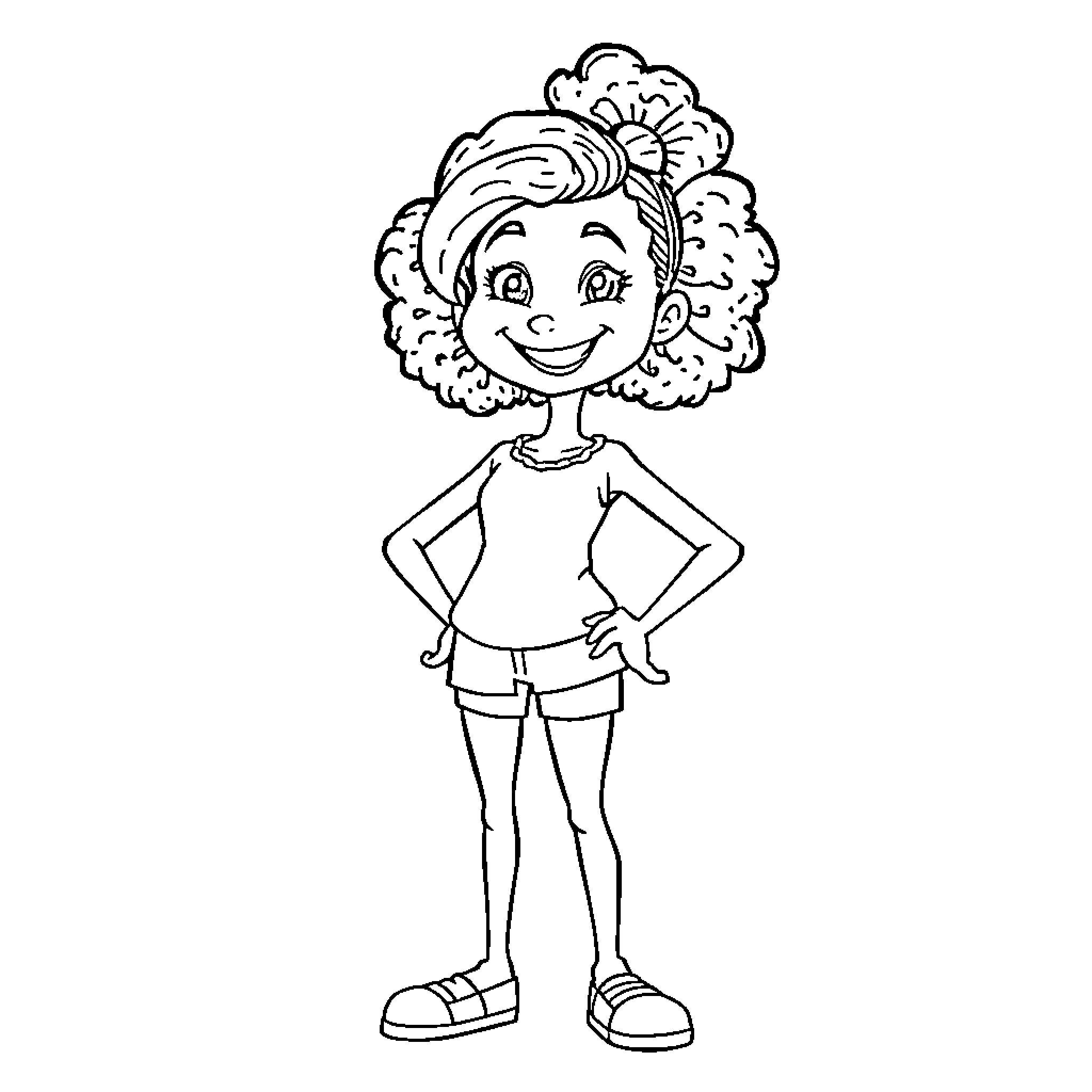 Karil's cheerful and vibrant figure in action Coloring Page (free black-and-white line drawing printable PDF for all, from beginners to advanced learners, including children, teens, adults, and seniors)