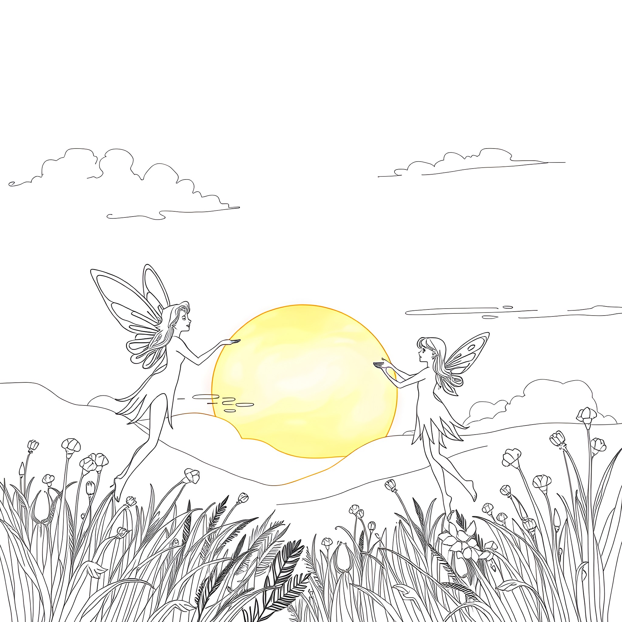 Fairy Fairies Playing in Meadow Coloring Page (free black-and-white line drawing printable PDF for all, from beginners to advanced learners, including children, teens, adults, and seniors)
