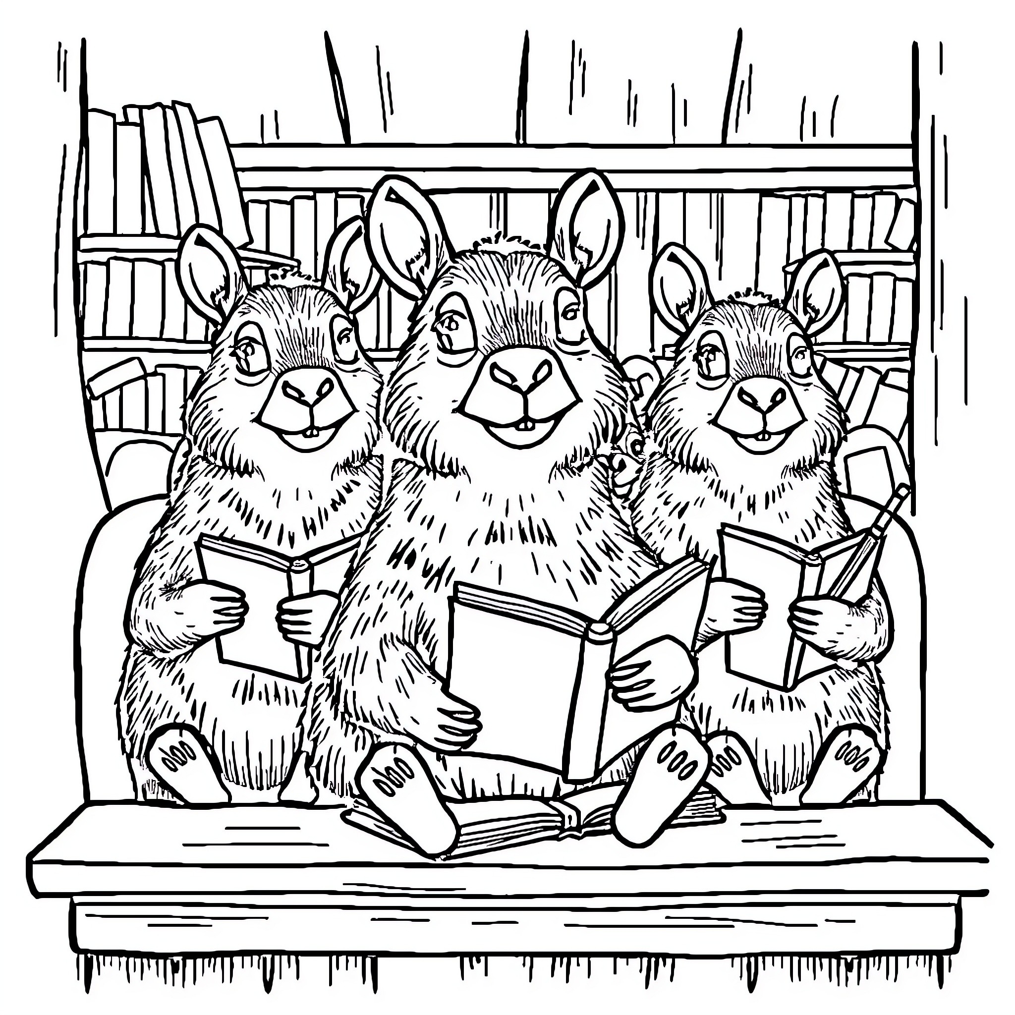 Capybara bookworms reading in the library Coloring Page (free black-and-white line drawing printable PDF for all, from beginners to advanced learners, including children, teens, adults, and seniors)