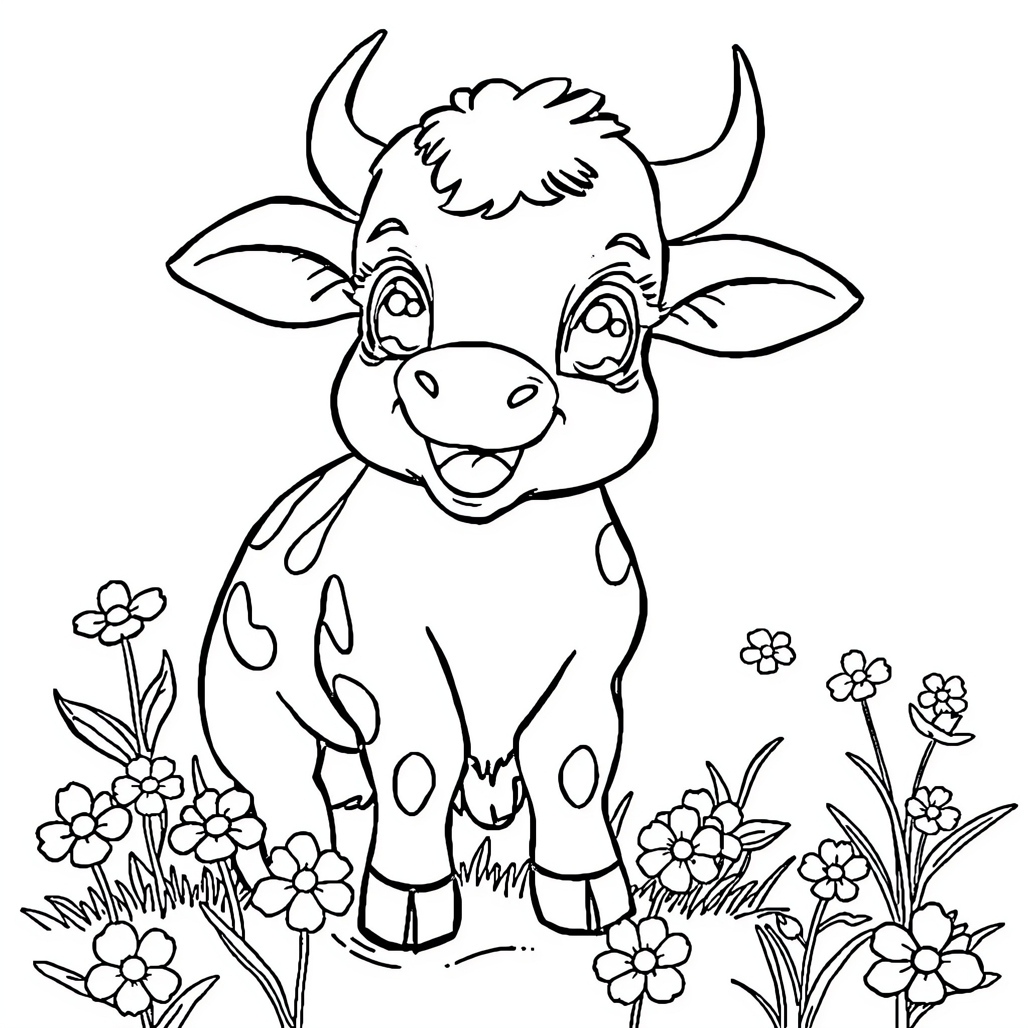 Cow happily surrounded by flowers Coloring Page (free black-and-white line drawing printable PDF for all, from beginners to advanced learners, including children, teens, adults, and seniors)