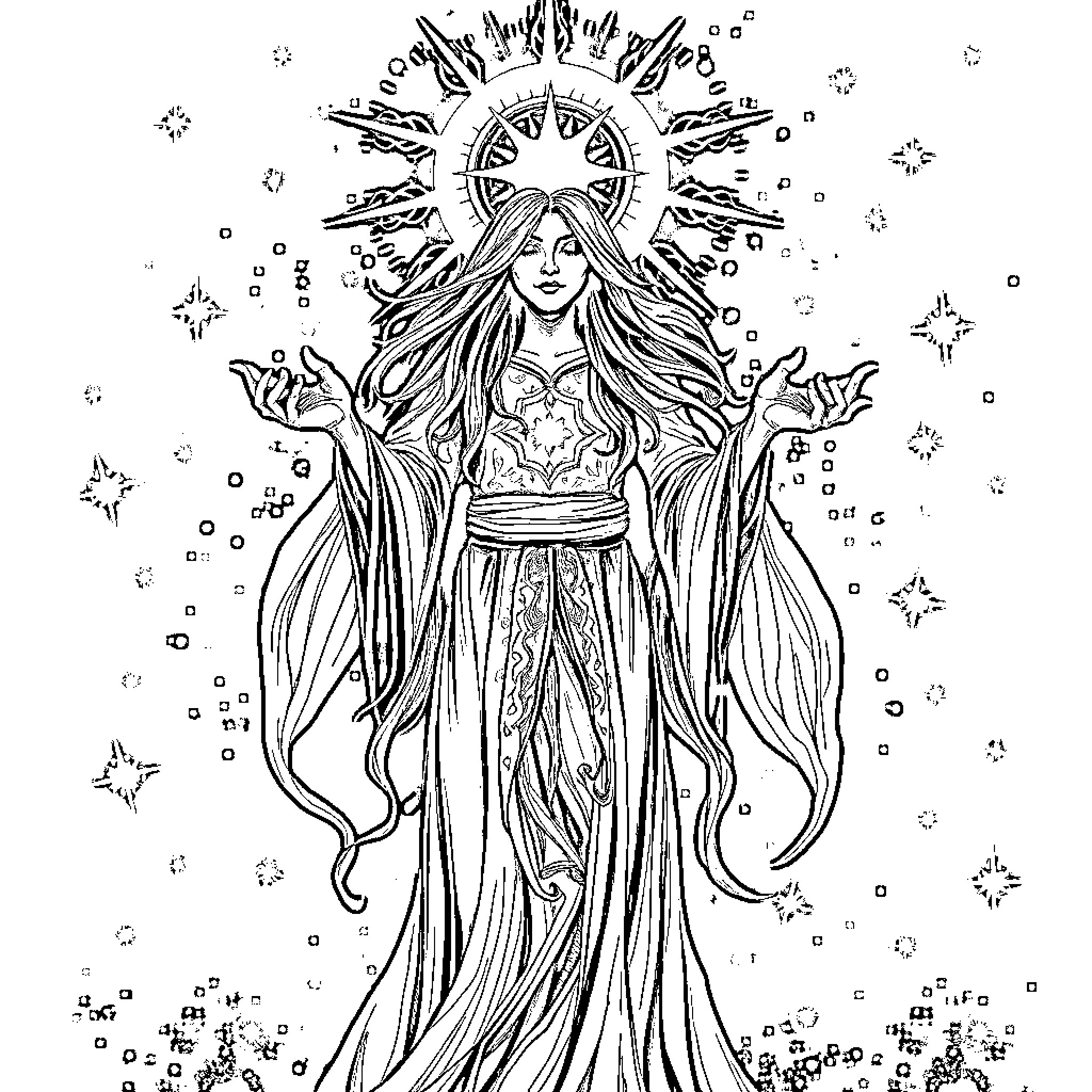 Healer wielding mystical energy in ethereal attire Coloring Page (free black-and-white line drawing printable PDF for all, from beginners to advanced learners, including children, teens, adults, and seniors)