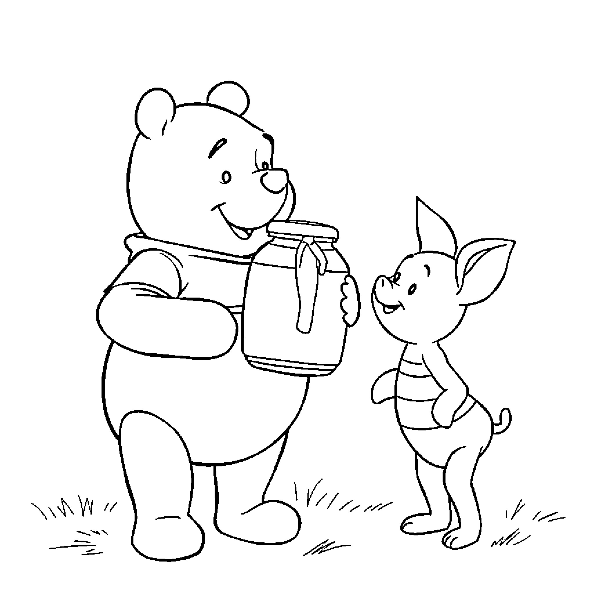 Winnie The Pooh and Piglet sharing a picnic Coloring Page (free black-and-white line drawing printable PDF for all, from beginners to advanced learners, including children, teens, adults, and seniors)
