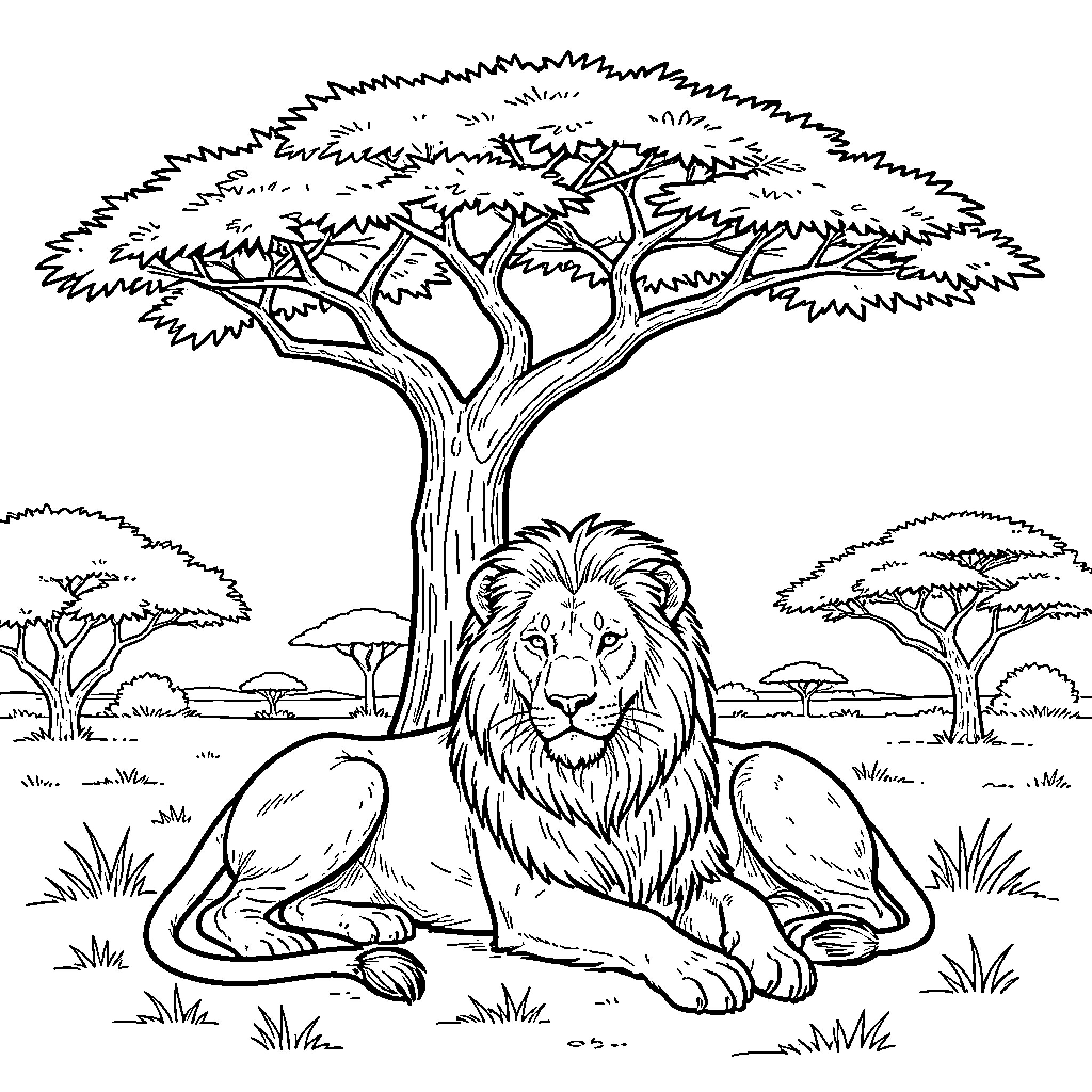 Lion resting majestically under the tree Coloring Page (free black-and-white line drawing printable PDF for all, from beginners to advanced learners, including children, teens, adults, and seniors)