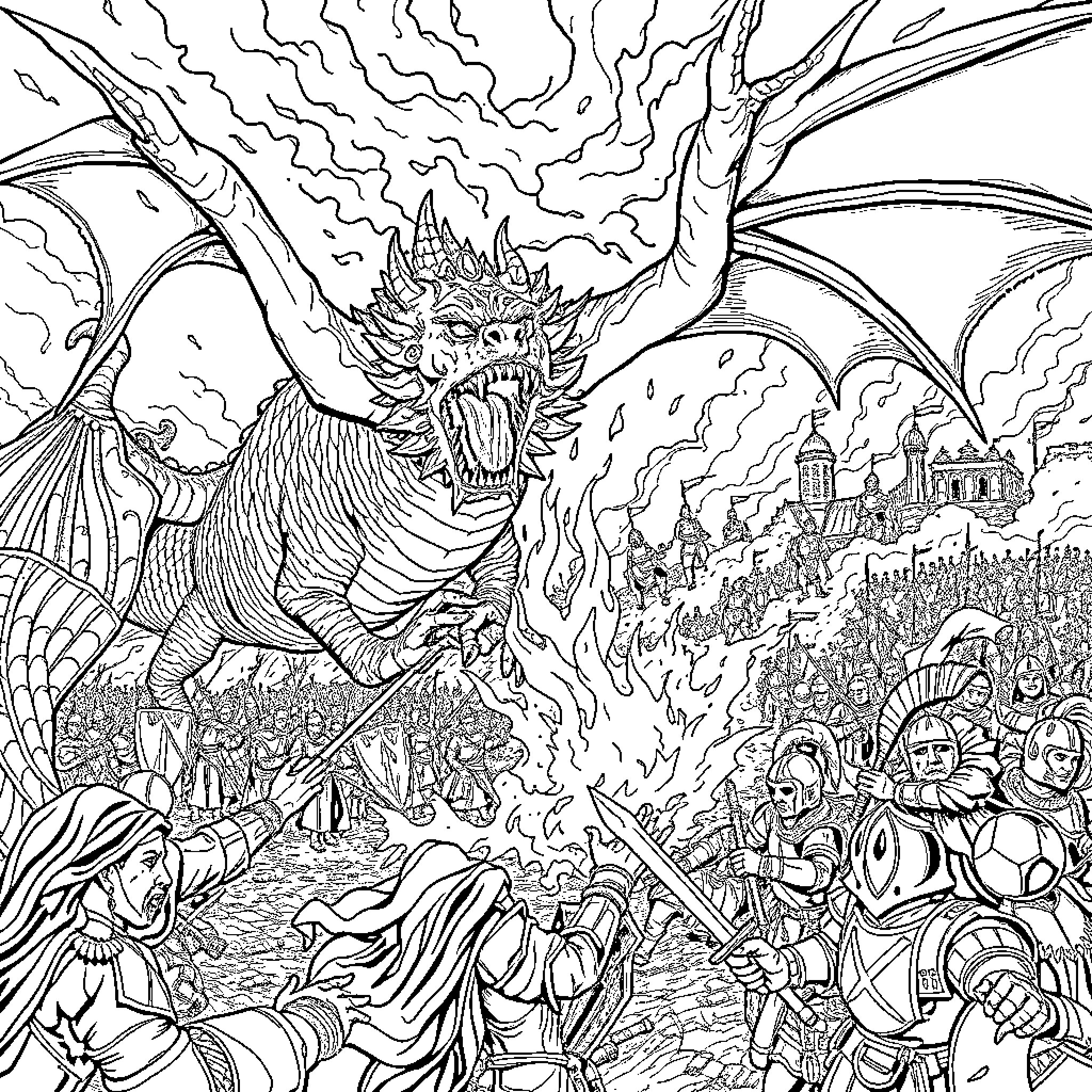 Dragon Unleashing Fiery Wrath Upon a Medieval Battlefield Coloring Page (free black-and-white line drawing printable PDF for all, from beginners to advanced learners, including children, teens, adults, and seniors)
