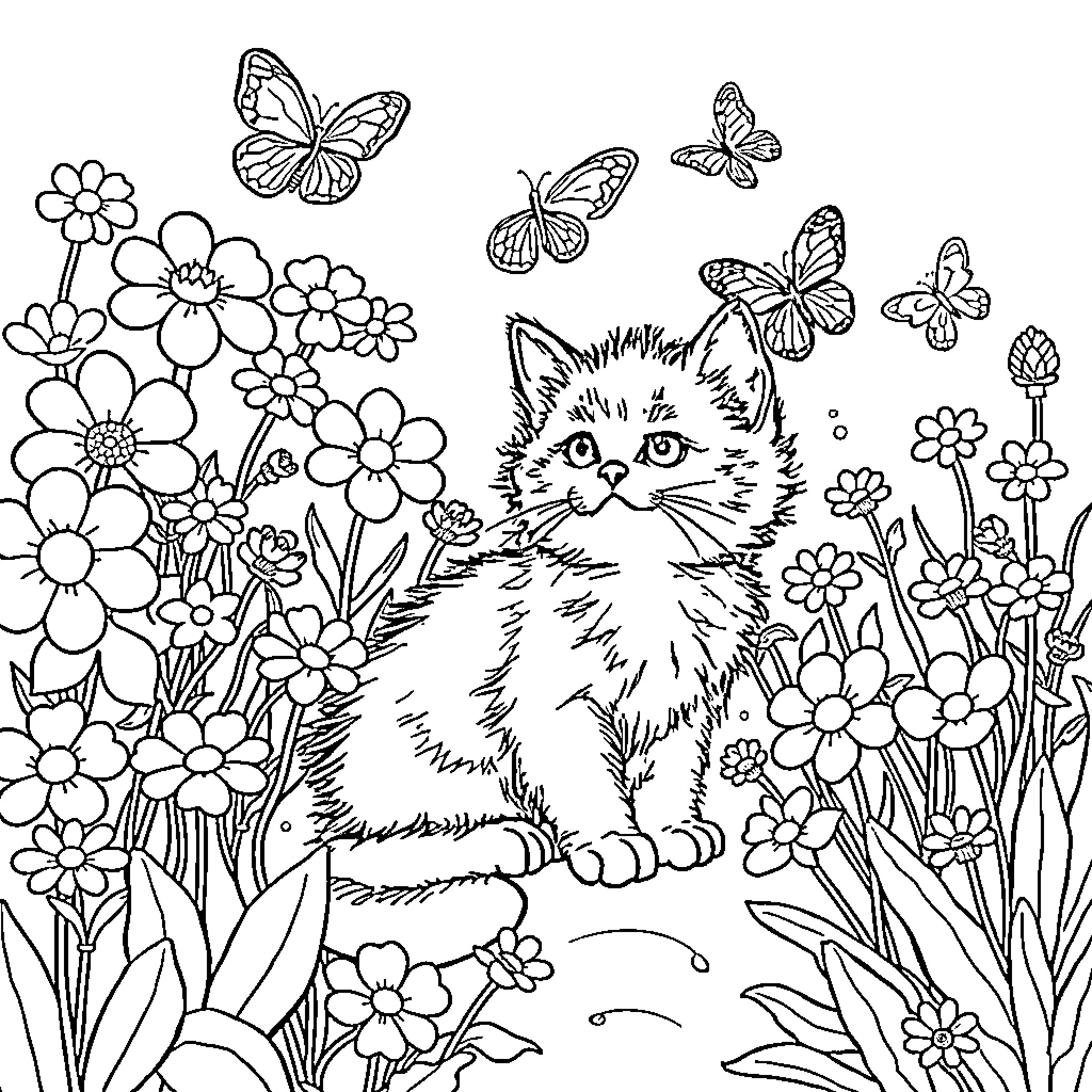 Cat surrounded by colorful flowers and butterflies Coloring Page (free black-and-white line drawing printable PDF for all, from beginners to advanced learners, including children, teens, adults, and seniors)