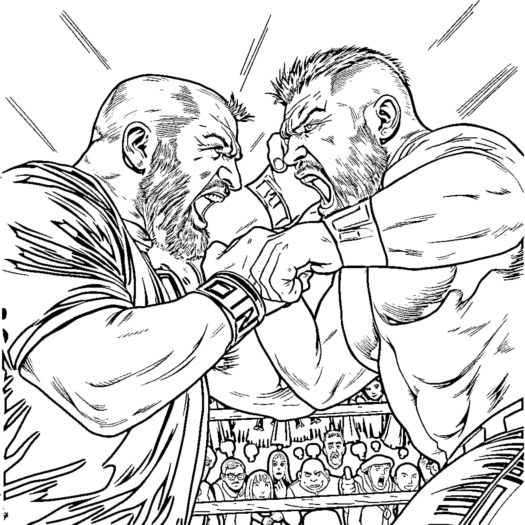 Triple H Intense Wrestling Match in the Ring Coloring Page (free black-and-white line drawing printable PDF for all, from beginners to advanced learners, including children, teens, adults, and seniors)
