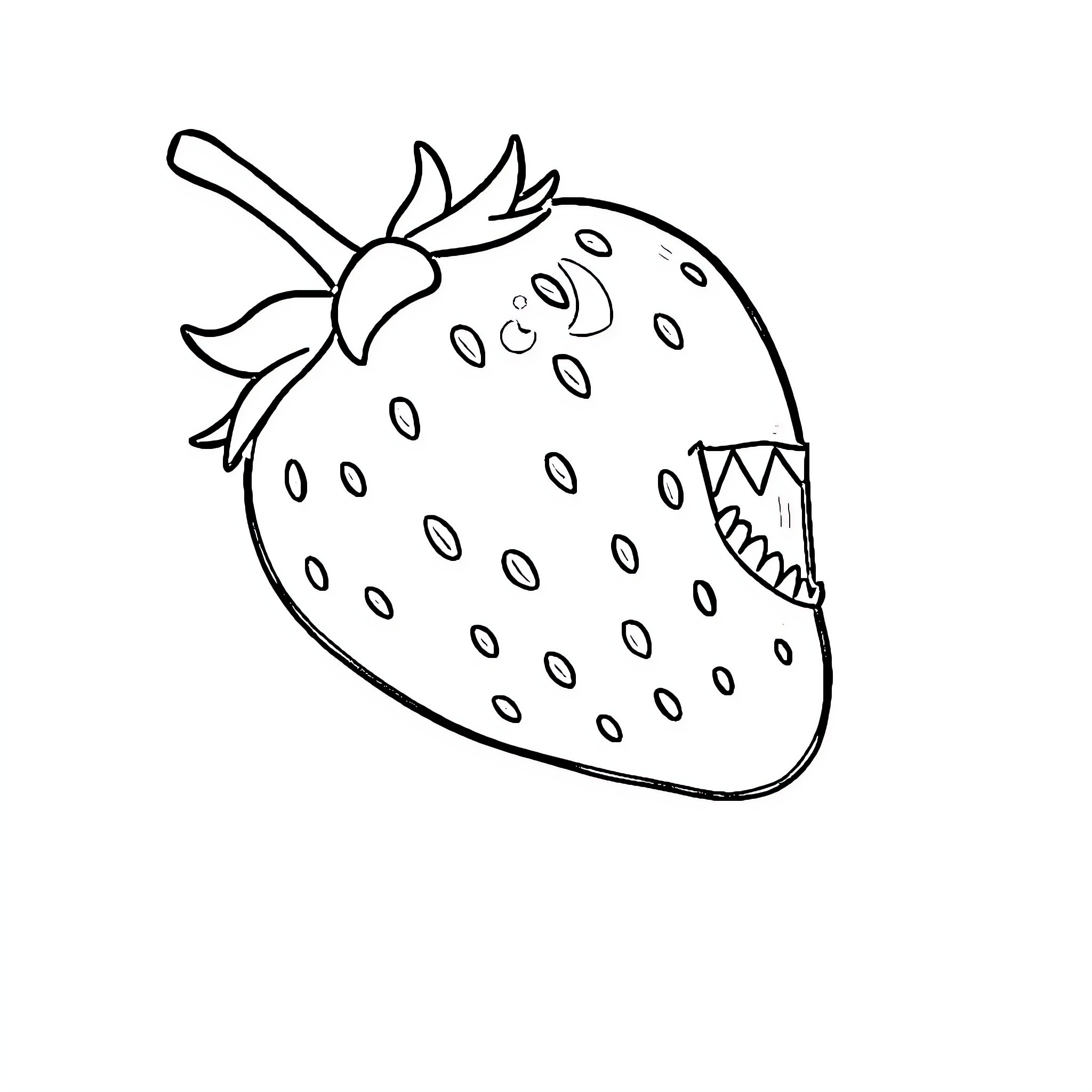 Shark-shaped strawberry fruit Coloring Page (free black-and-white line drawing printable PDF for all, from beginners to advanced learners, including children, teens, adults, and seniors)