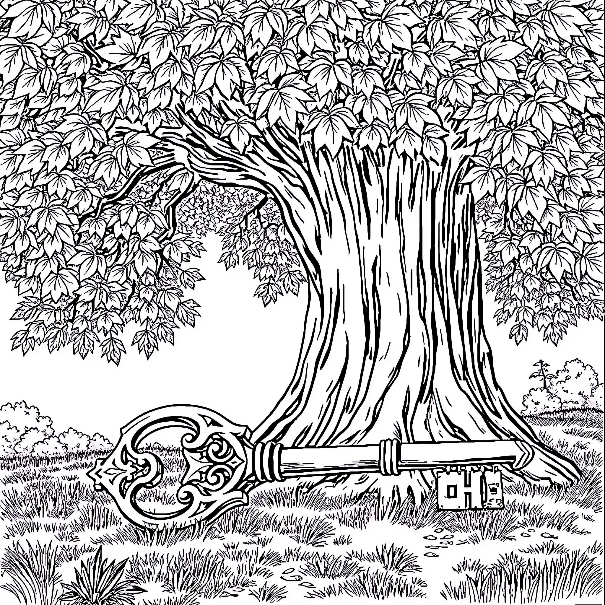 Key Fantasy Forest Scene with Ornate Tree and Sword Coloring Page (free black-and-white line drawing printable PDF for all, from beginners to advanced learners, including children, teens, adults, and seniors)