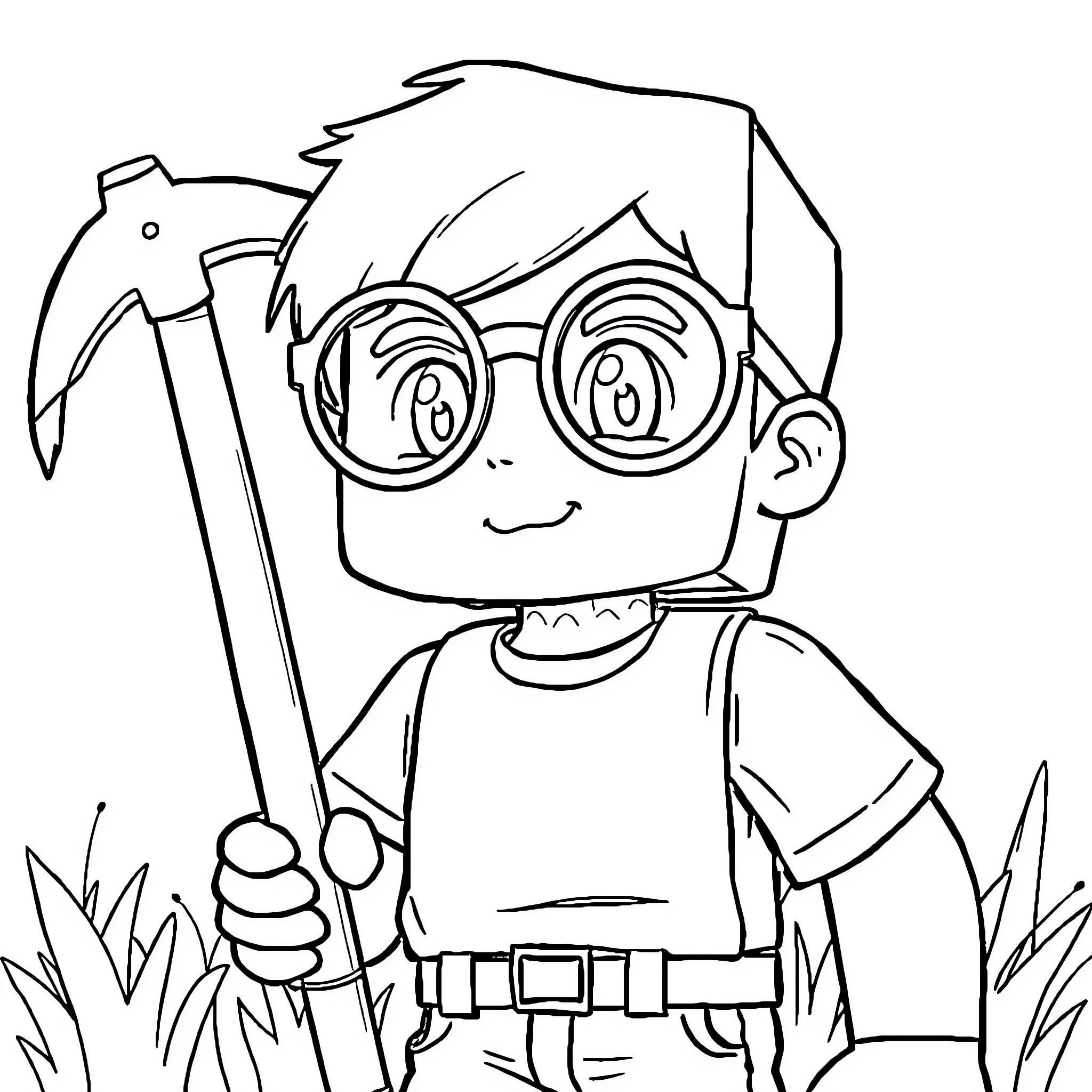 Minecraft Boy Holding Pickaxe in Grassy Scene Coloring Page (free black-and-white line drawing printable PDF for all, from beginners to advanced learners, including children, teens, adults, and seniors)