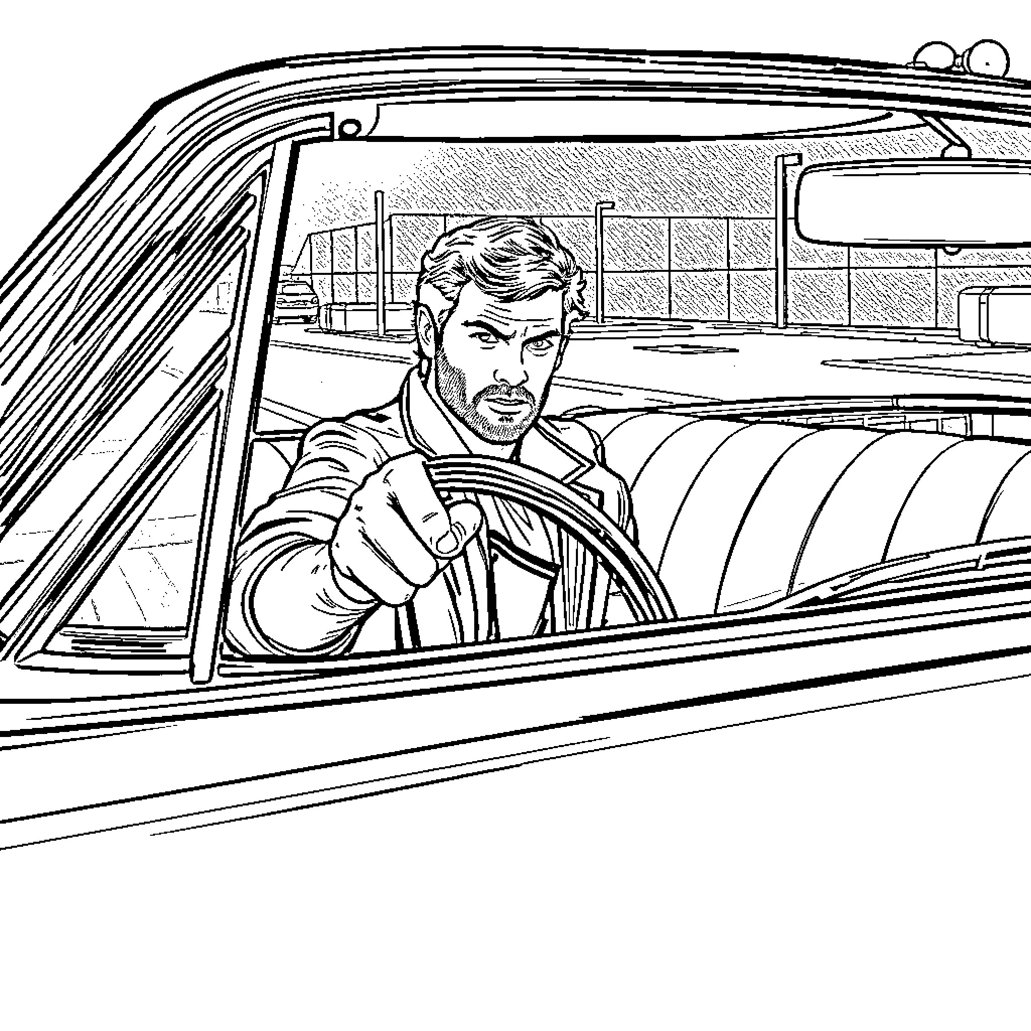 Dean Winchester driving with determination Coloring Page (free black-and-white line drawing printable PDF for all, from beginners to advanced learners, including children, teens, adults, and seniors)