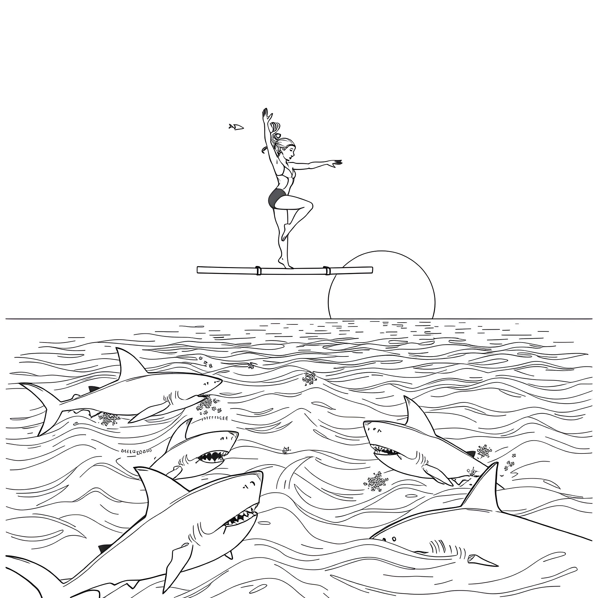 Gymnast balancing on beam above shark-infested waters Coloring Page (free black-and-white line drawing printable PDF for all, from beginners to advanced learners, including children, teens, adults, and seniors)