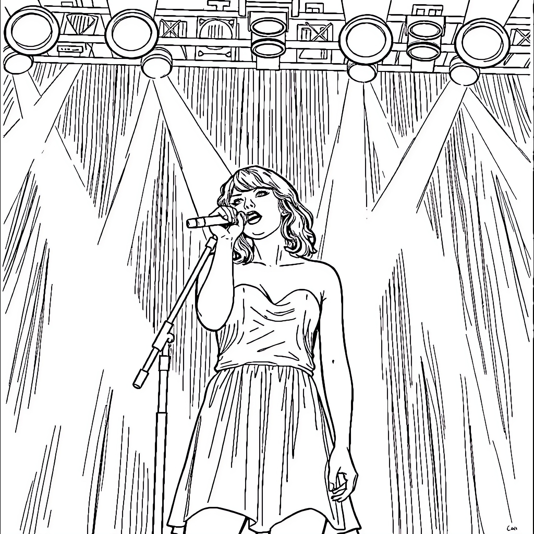 Taylor Swift Performing on Stage with Microphone Coloring Page (free black-and-white line drawing printable PDF for all, from beginners to advanced learners, including children, teens, adults, and seniors)