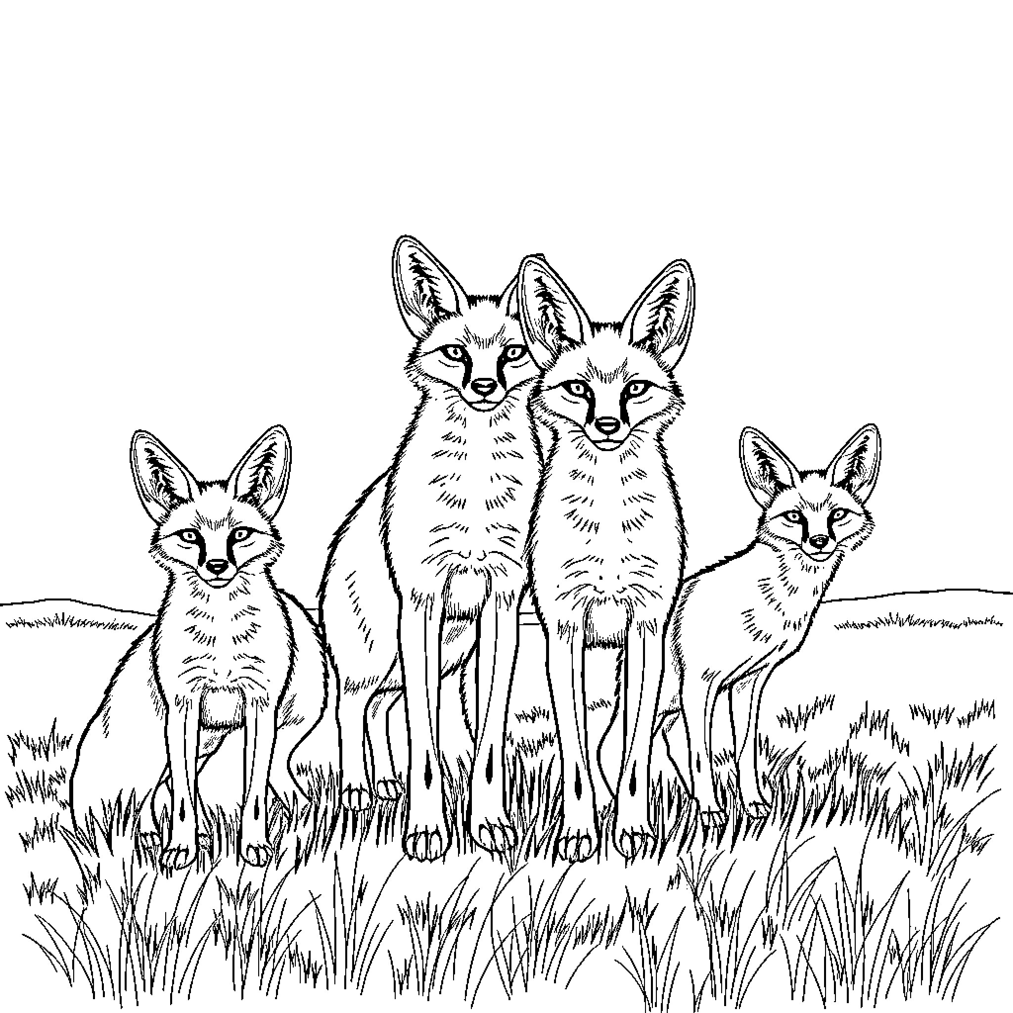 Bat-eared Foxes playing together in the grass Coloring Page (free black-and-white line drawing printable PDF for all, from beginners to advanced learners, including children, teens, adults, and seniors)