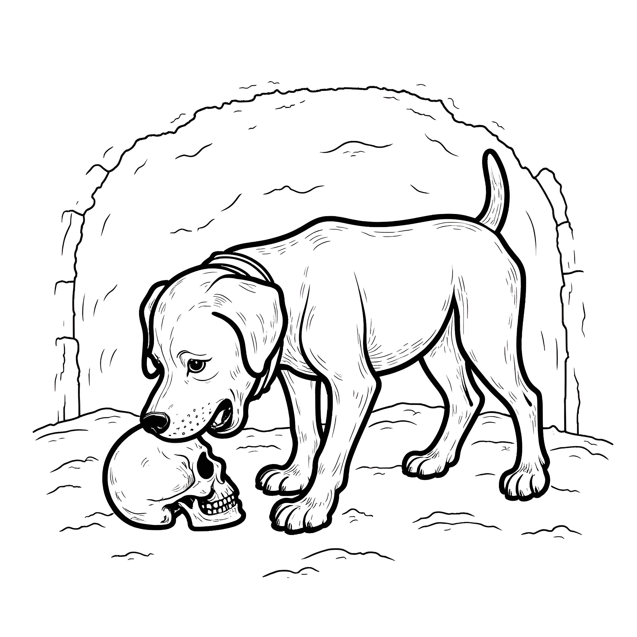 Dog Sniffing a Skull on the Ground Coloring Page (free black-and-white line drawing printable PDF for all, from beginners to advanced learners, including children, teens, adults, and seniors)
