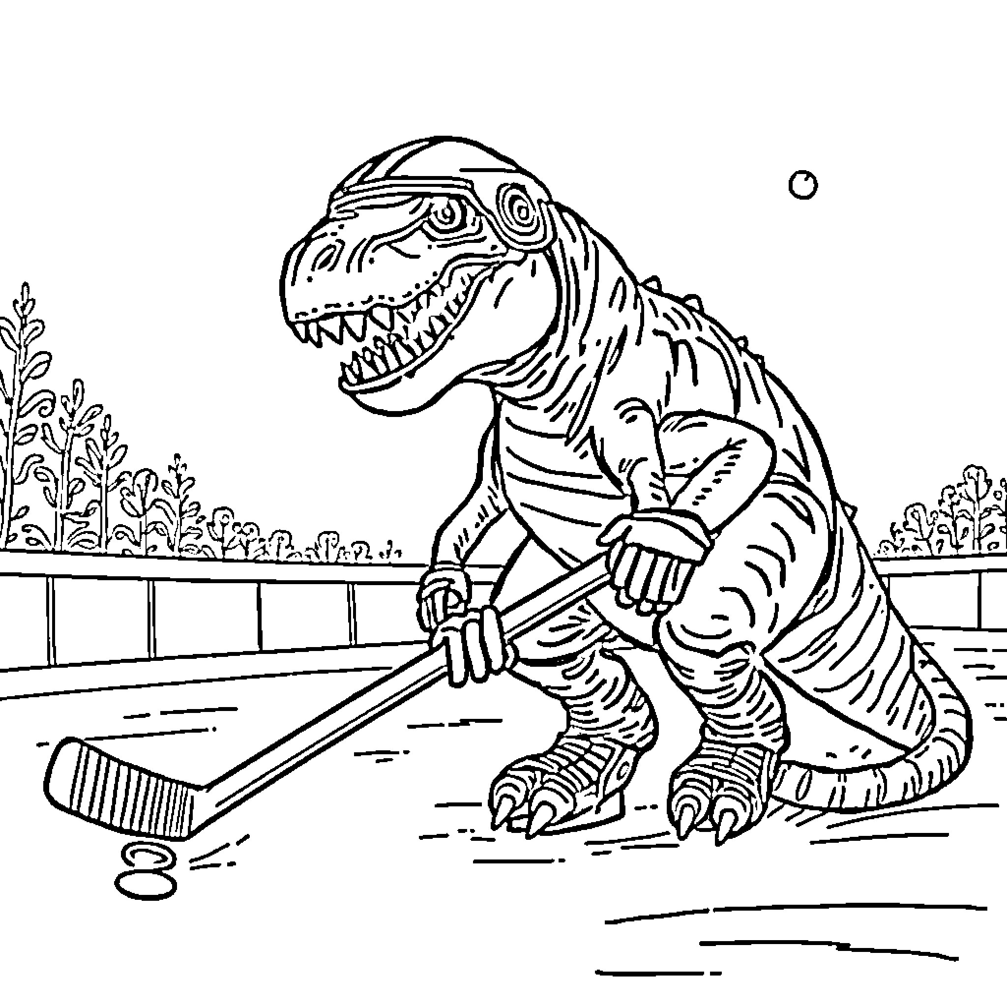 T-Rex Playing Hockey in Prehistoric Park Coloring Page (free black-and-white line drawing printable PDF for all, from beginners to advanced learners, including children, teens, adults, and seniors)