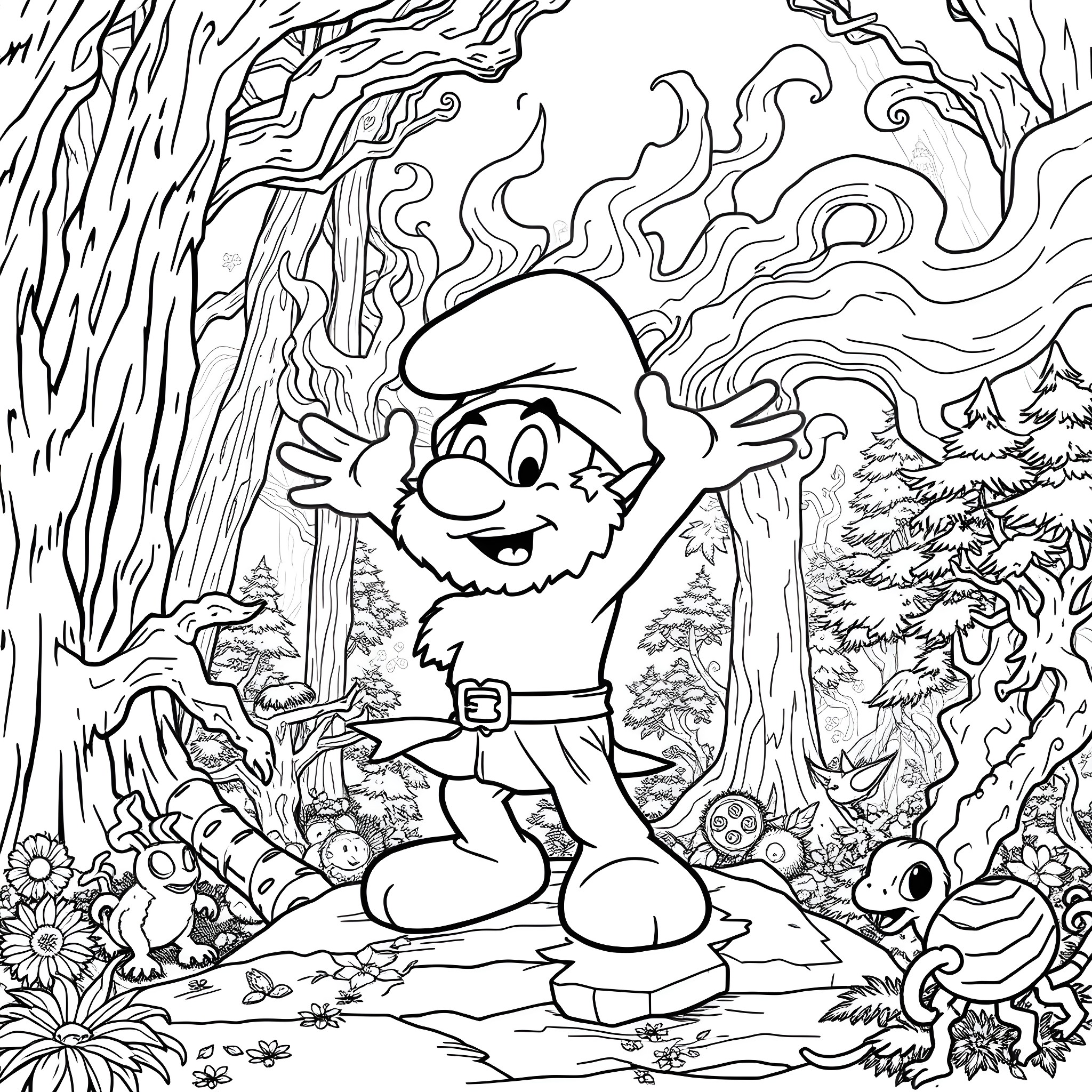 Papa Smurf exploring the magical forest Coloring Page (free black-and-white line drawing printable PDF for all, from beginners to advanced learners, including children, teens, adults, and seniors)