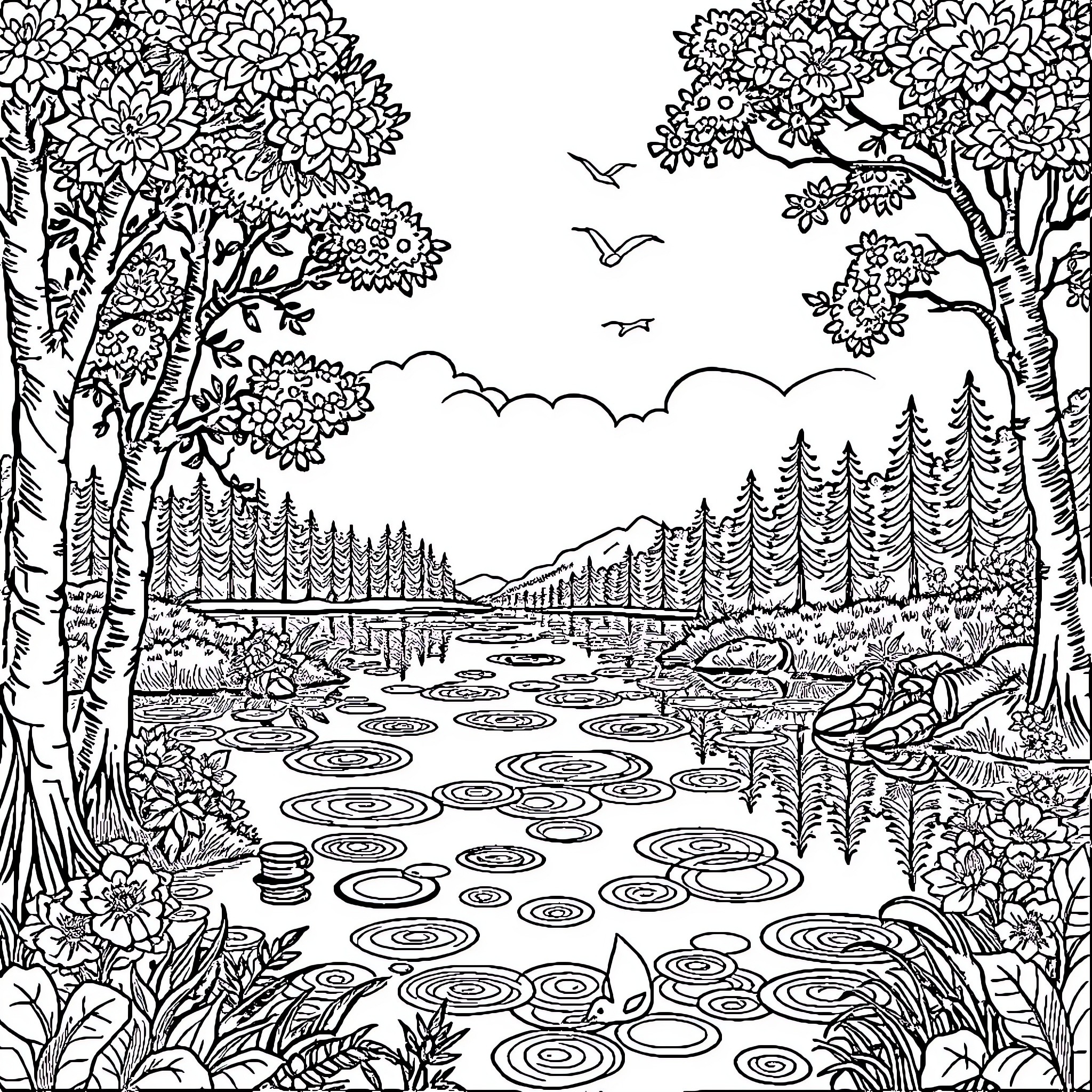 Lake with tranquil scenery and wildlife Coloring Page (free black-and-white line drawing printable PDF for all, from beginners to advanced learners, including children, teens, adults, and seniors)