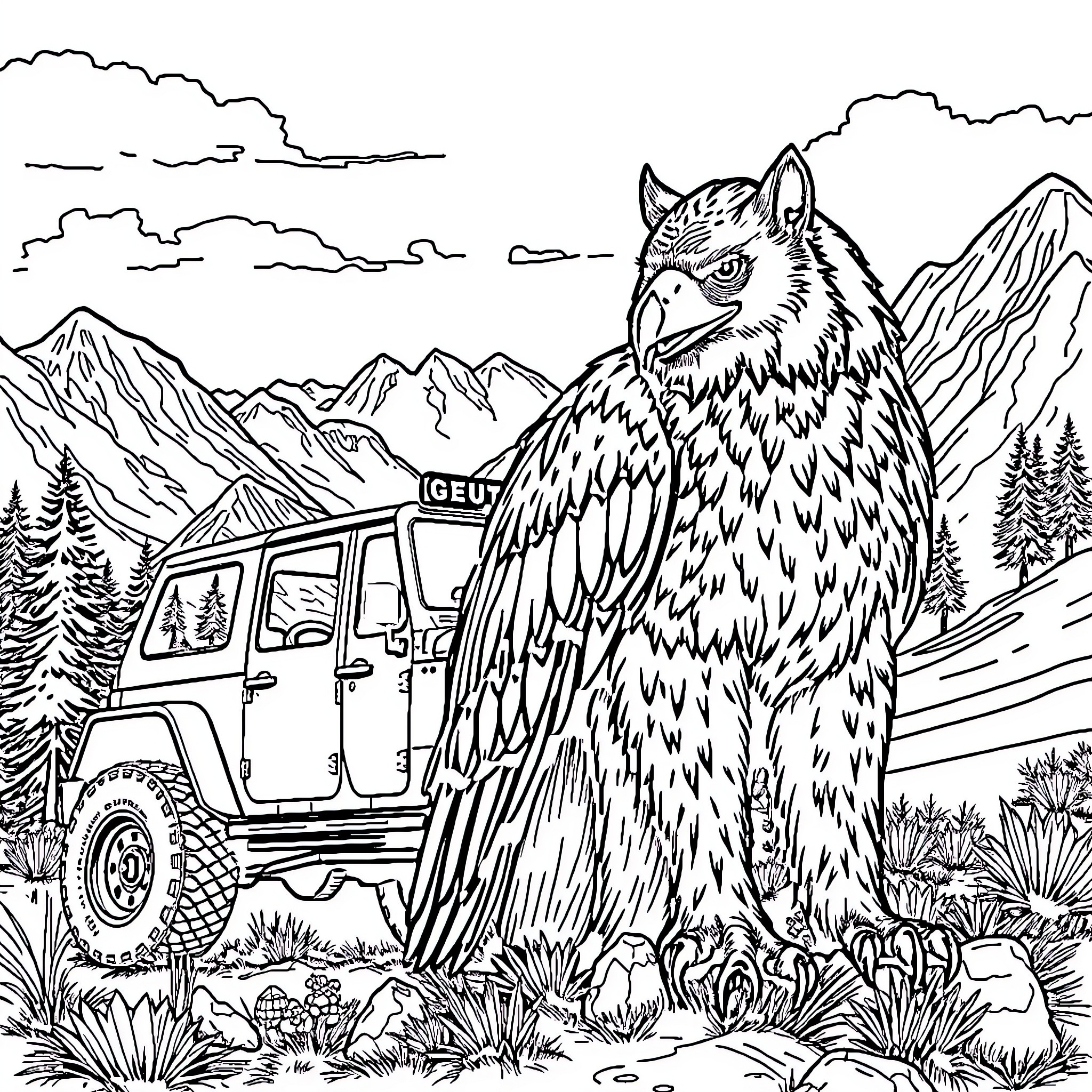 Werewolf guarding a 4x4 vehicle in the mountains Coloring Page (free black-and-white line drawing printable PDF for all, from beginners to advanced learners, including children, teens, adults, and seniors)