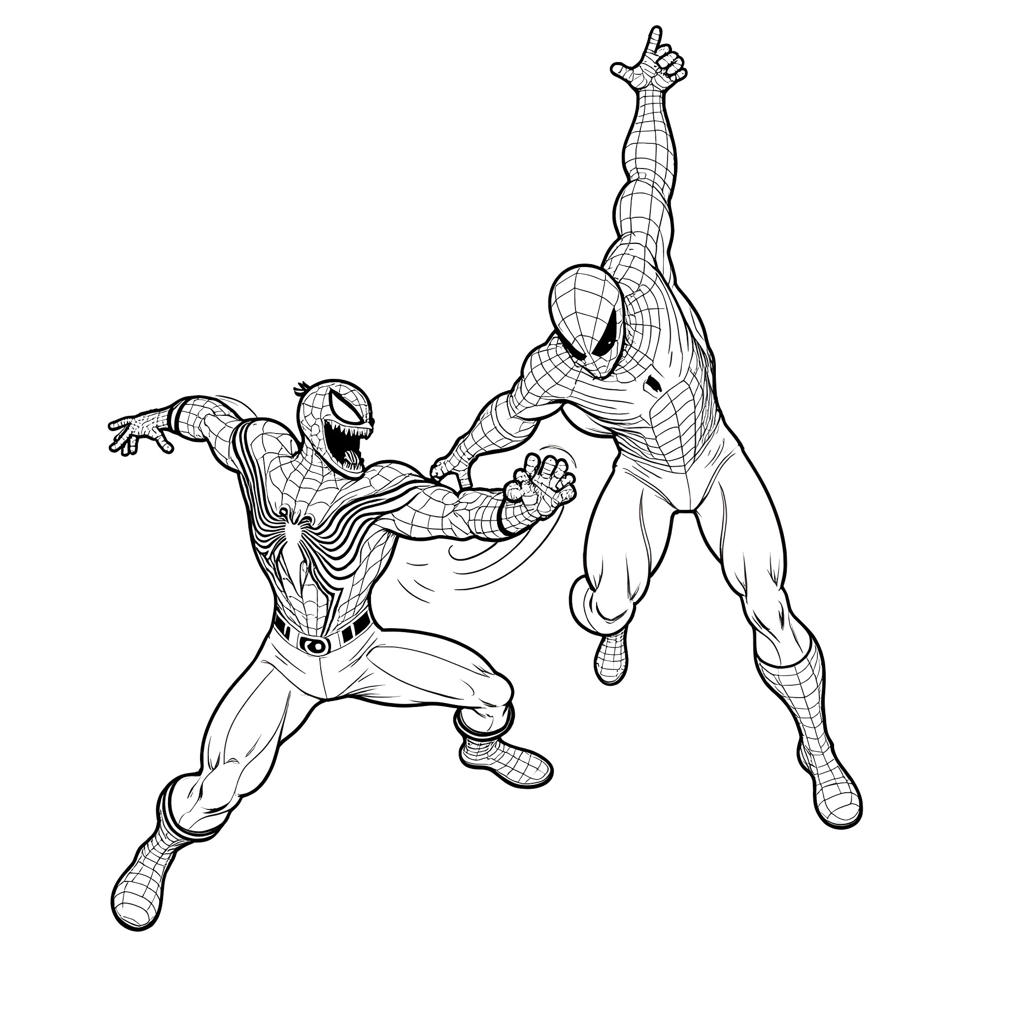Venom battling Spider-Man in action pose Coloring Page (free black-and-white line drawing printable PDF for all, from beginners to advanced learners, including children, teens, adults, and seniors)