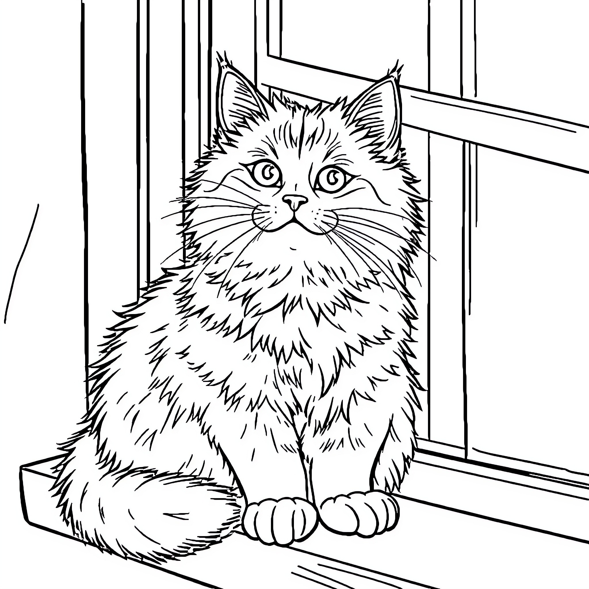 Cat sitting by the window Coloring Page (free black-and-white line drawing printable PDF for all, from beginners to advanced learners, including children, teens, adults, and seniors)