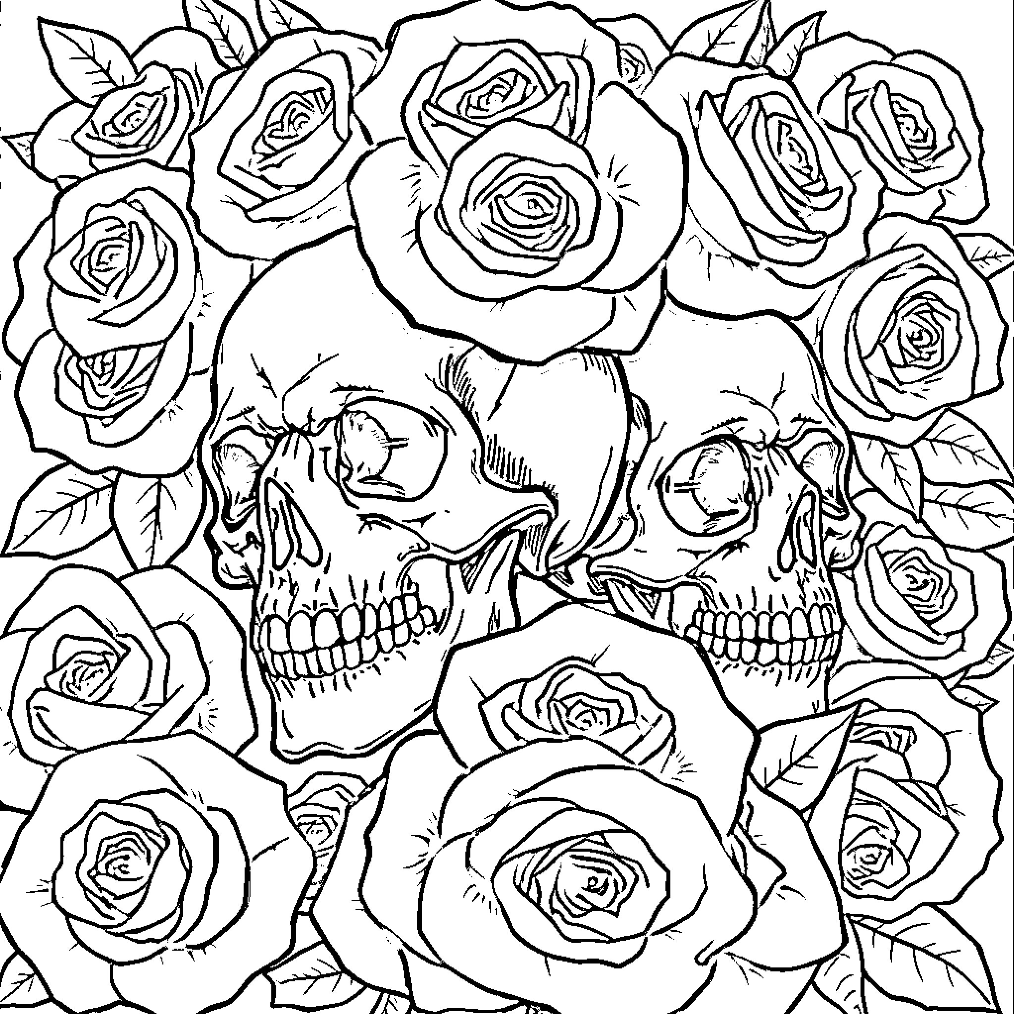 Skull with roses in a floral pattern Coloring Page (free black-and-white line drawing printable PDF for all, from beginners to advanced learners, including children, teens, adults, and seniors)