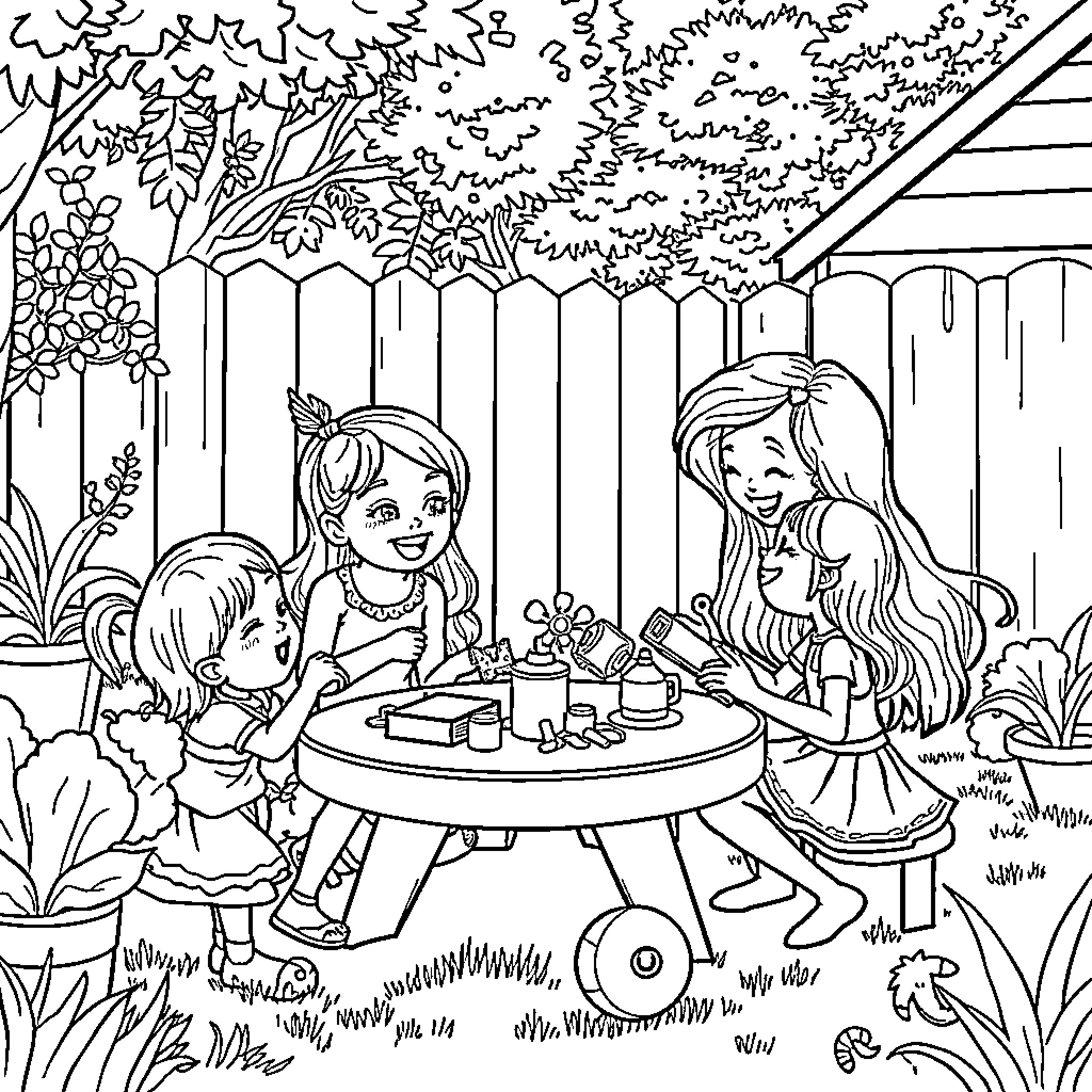 Rumor of a joyful tea party in the backyard Coloring Page (free black-and-white line drawing printable PDF for all, from beginners to advanced learners, including children, teens, adults, and seniors)