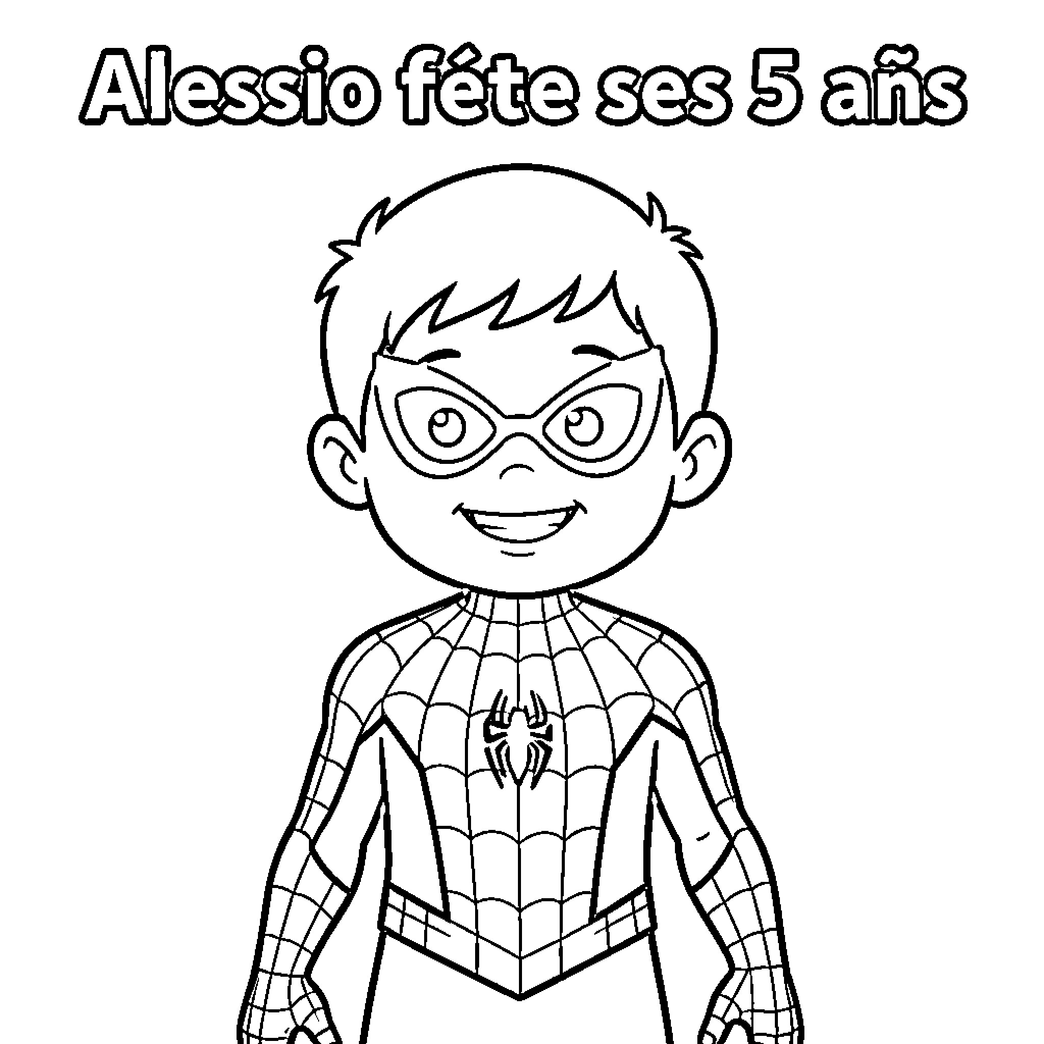 Boy in Spider-Man costume celebrates his 5th birthday Coloring Page (free black-and-white line drawing printable PDF for all, from beginners to advanced learners, including children, teens, adults, and seniors)