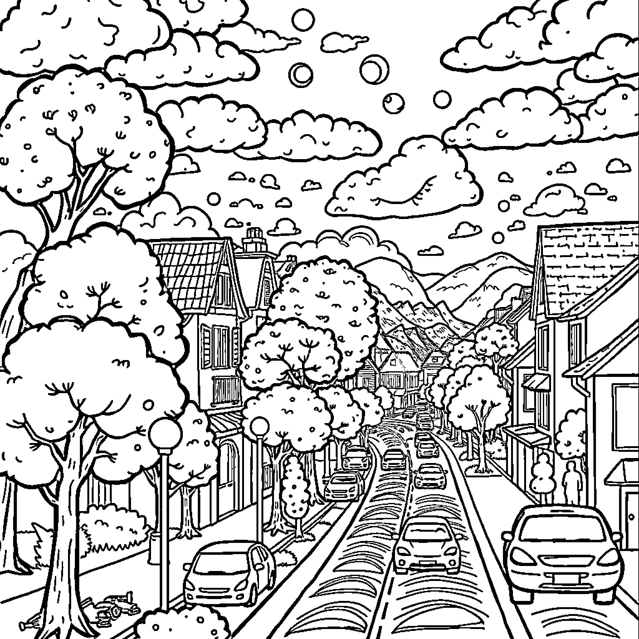 Street scene with bustling activity and scenic landscape Coloring Page (free black-and-white line drawing printable PDF for all, from beginners to advanced learners, including children, teens, adults, and seniors)