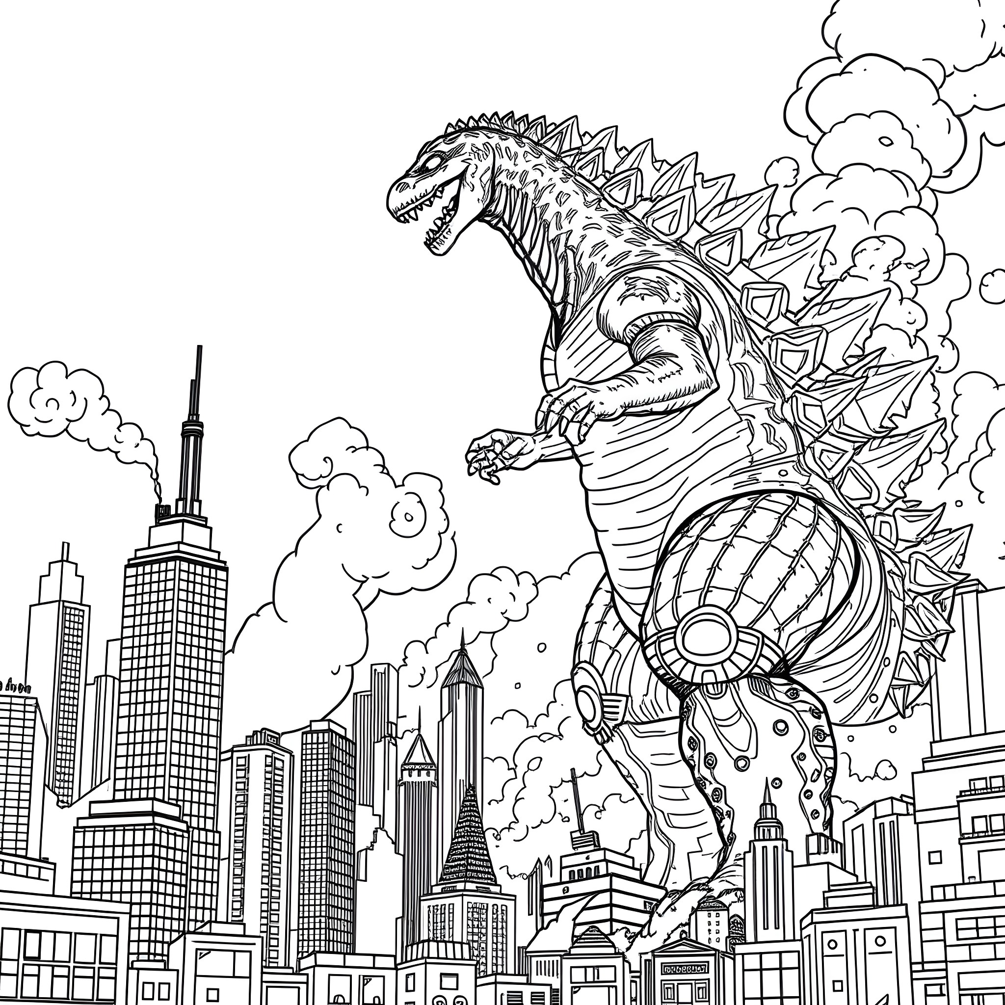 Borat Encounters a Colossal Mechanical Dinosaur in the City Coloring Page (free black-and-white line drawing printable PDF for all, from beginners to advanced learners, including children, teens, adults, and seniors)