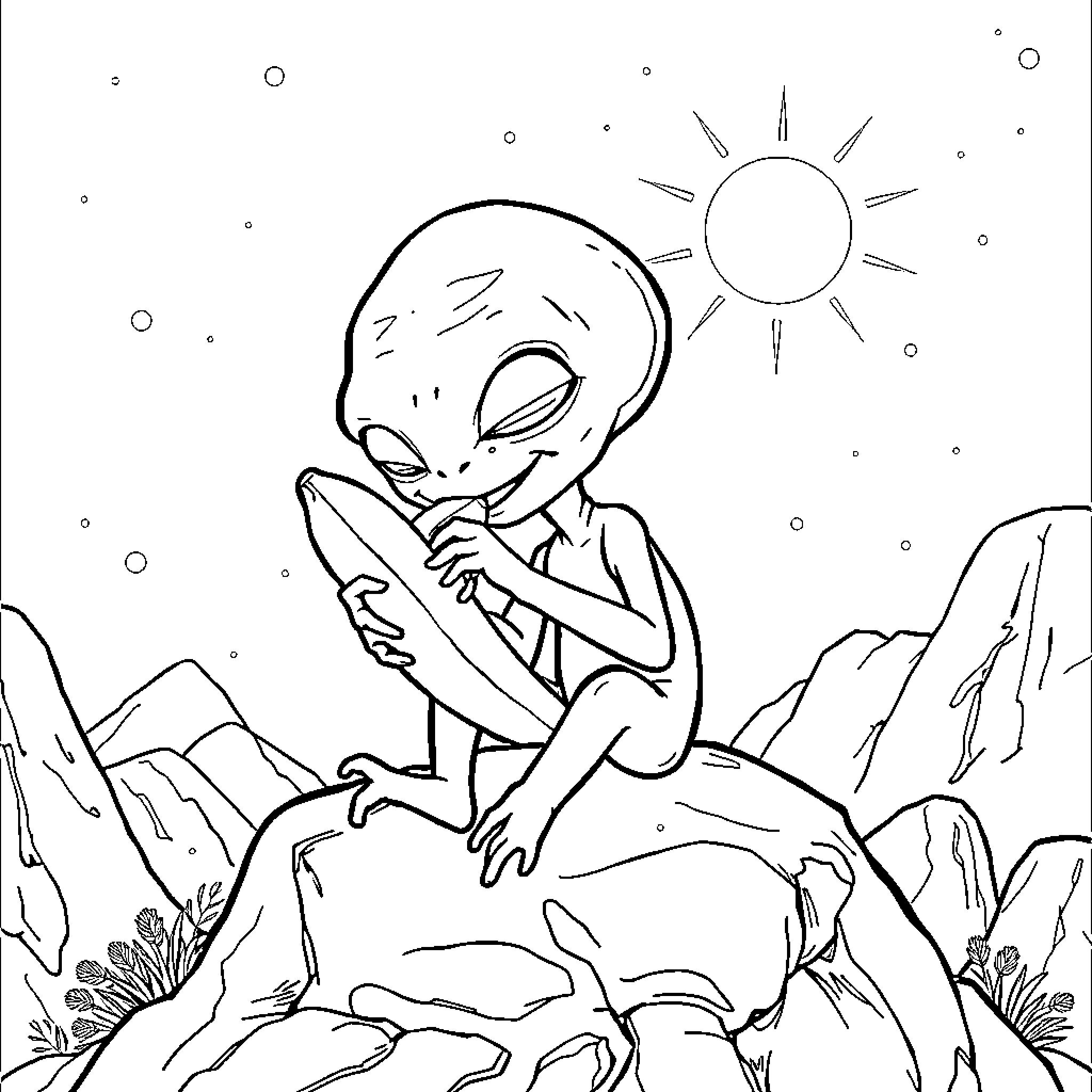 Alien Contemplating the Mysteries of Nature Coloring Page (free black-and-white line drawing printable PDF for all, from beginners to advanced learners, including children, teens, adults, and seniors)