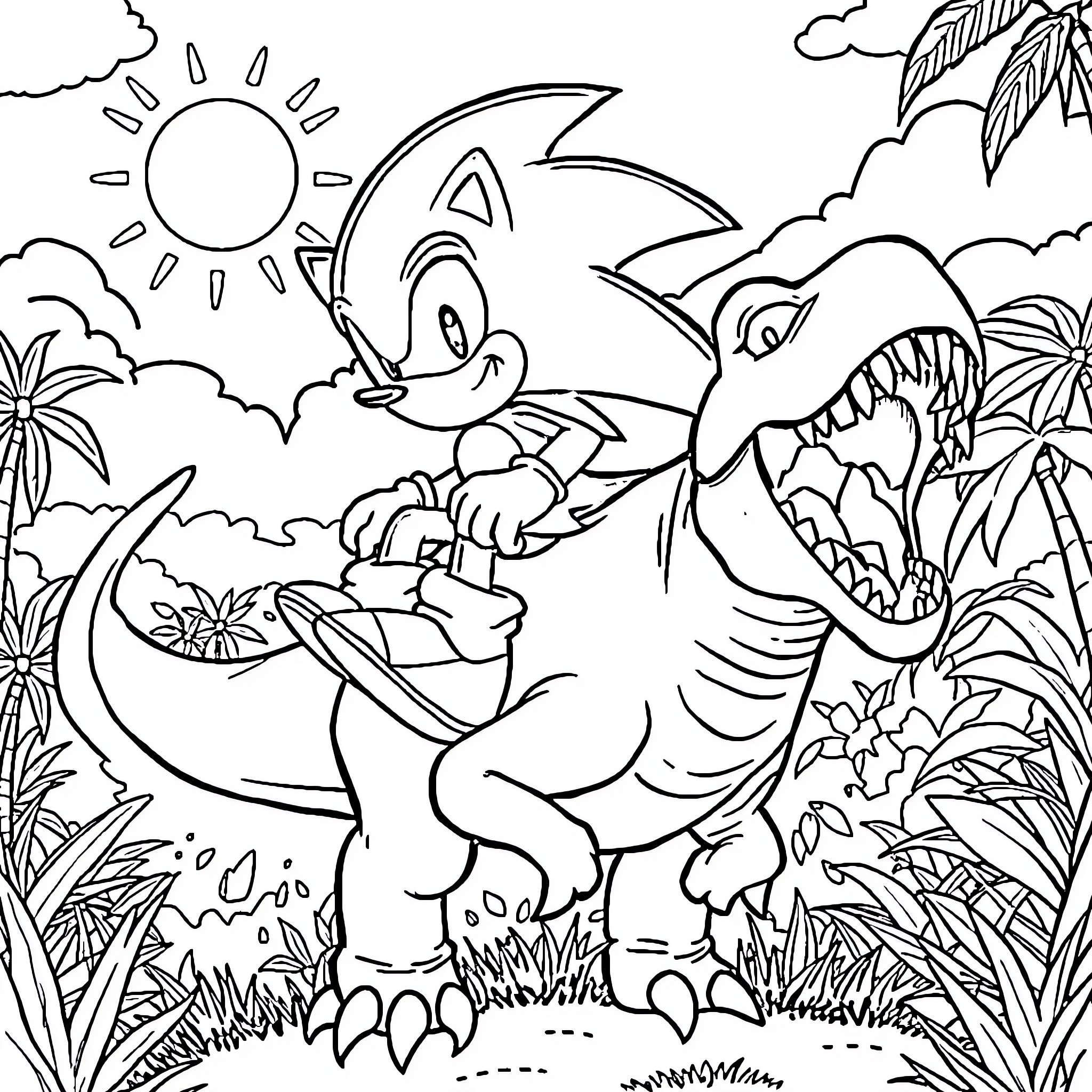 Sonic the Hedgehog exploring a tropical jungle scene Coloring Page (free black-and-white line drawing printable PDF for all, from beginners to advanced learners, including children, teens, adults, and seniors)