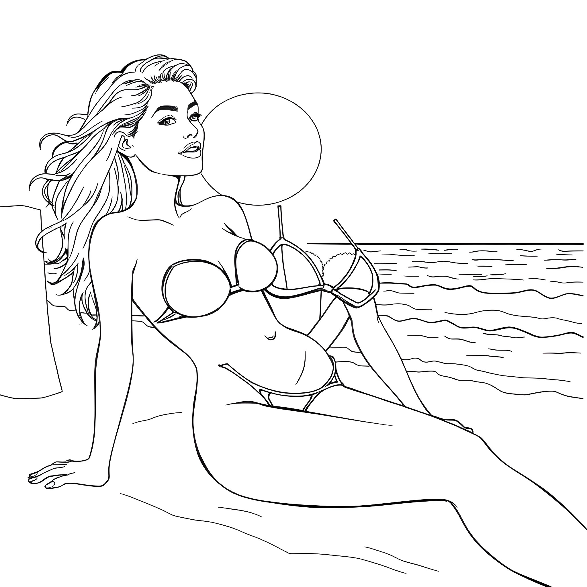 Woman sitting on the beach in swimwear Coloring Page (free black-and-white line drawing printable PDF for all, from beginners to advanced learners, including children, teens, adults, and seniors)