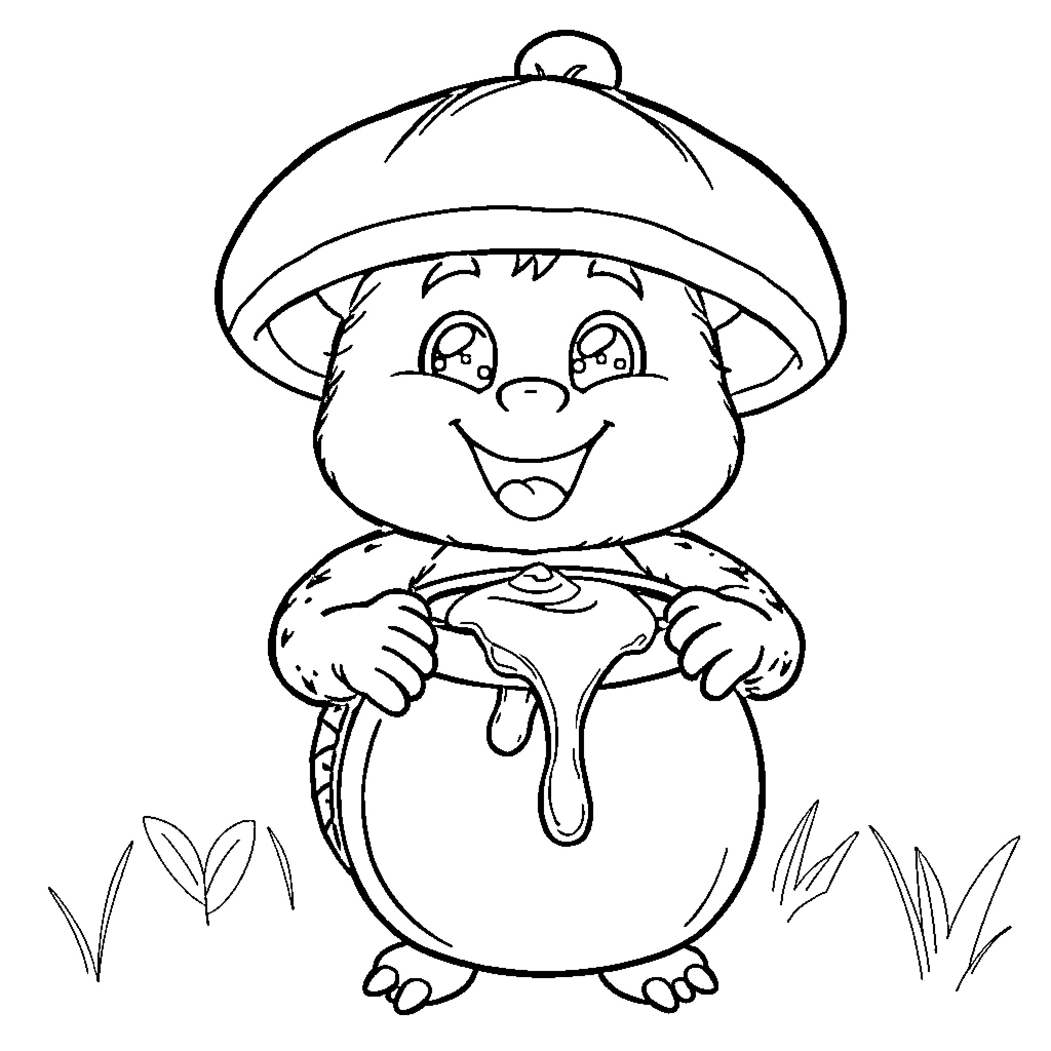 Phoo Mushroom creature with happy expression Coloring Page (free black-and-white line drawing printable PDF for all, from beginners to advanced learners, including children, teens, adults, and seniors)