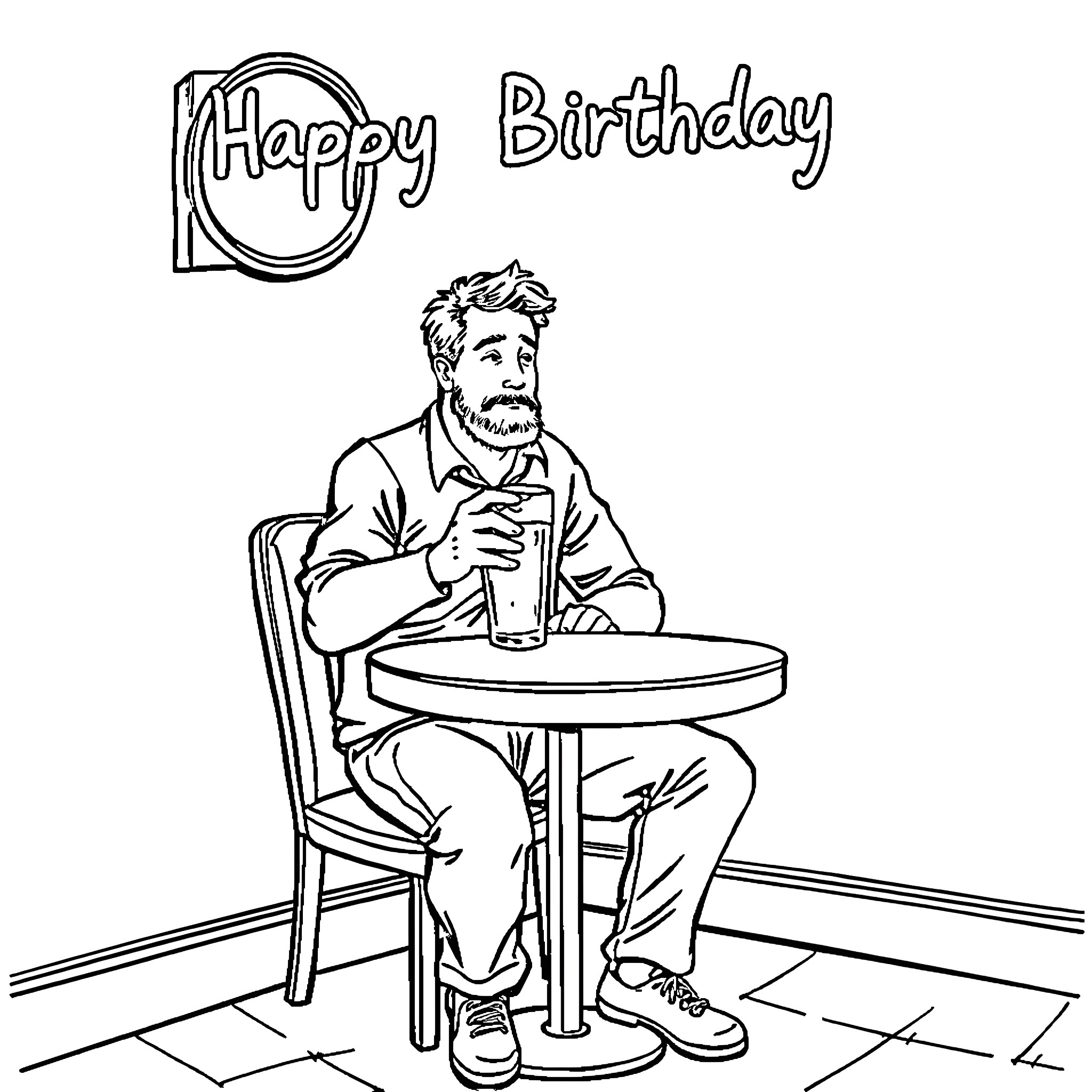 Man celebrating birthday with a drink Coloring Page (free black-and-white line drawing printable PDF for all, from beginners to advanced learners, including children, teens, adults, and seniors)