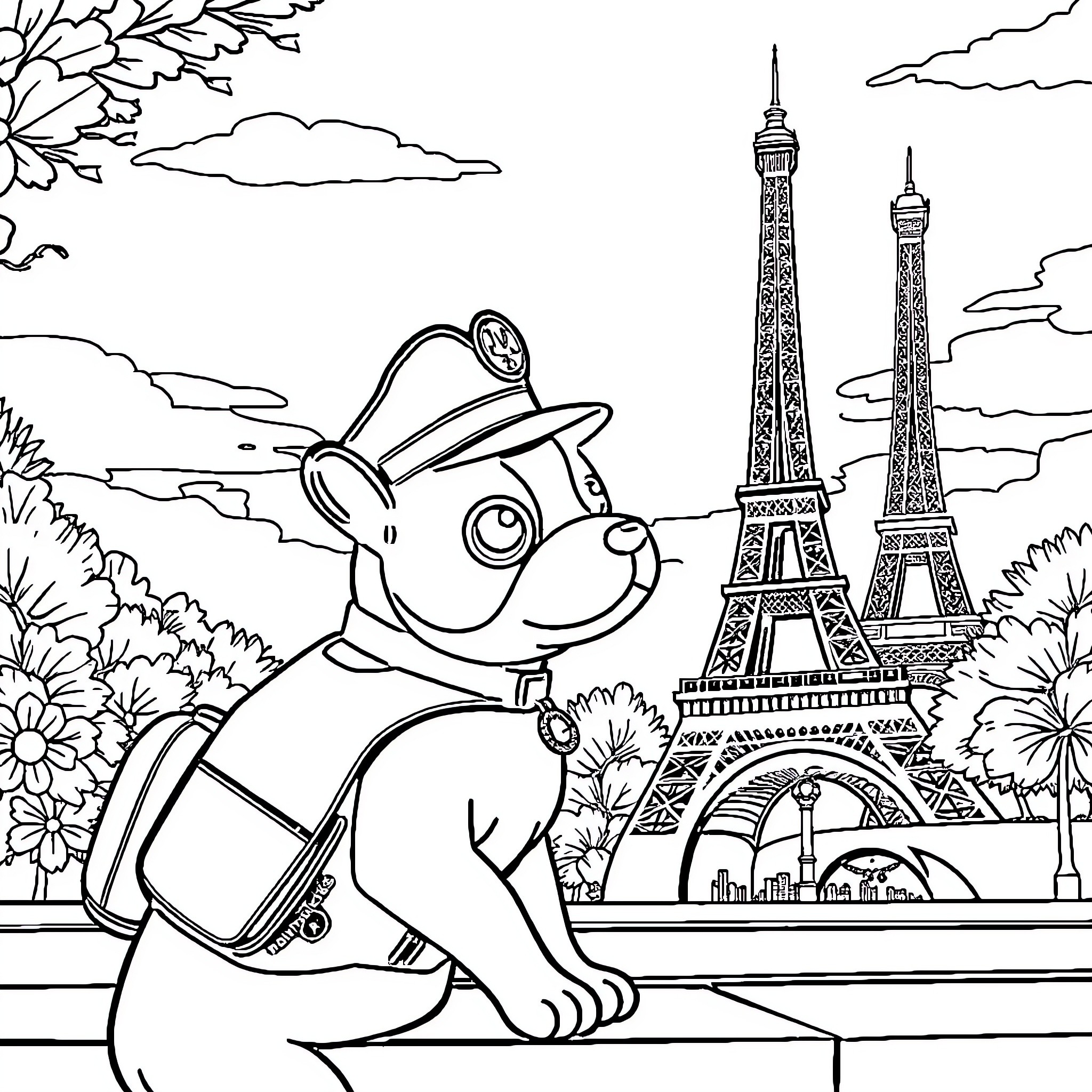 Paw Patrol characters explore the Eiffel Tower in Paris Coloring Page (free black-and-white line drawing printable PDF for all, from beginners to advanced learners, including children, teens, adults, and seniors)