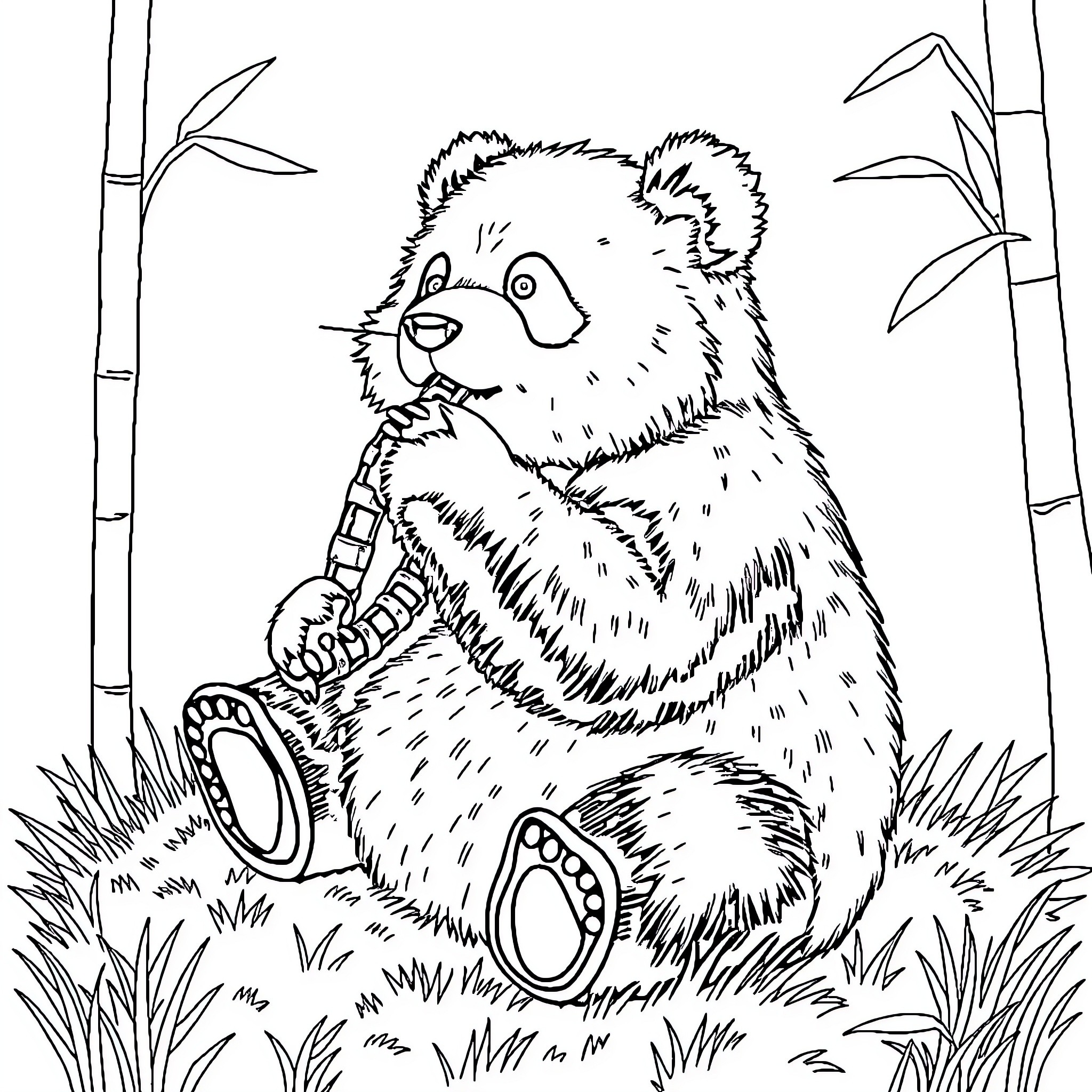 Panda sitting playfully in bamboo forest Coloring Page (free black-and-white line drawing printable PDF for all, from beginners to advanced learners, including children, teens, adults, and seniors)