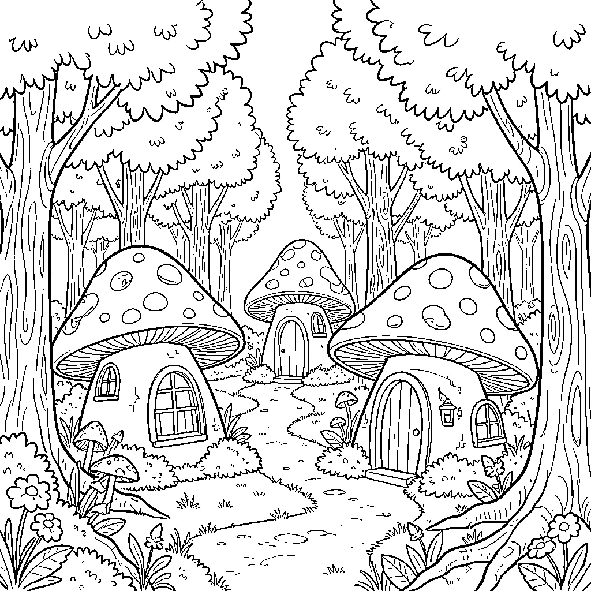Mushroom Village nestled among tall forest trees Coloring Page (free black-and-white line drawing printable PDF for all, from beginners to advanced learners, including children, teens, adults, and seniors)