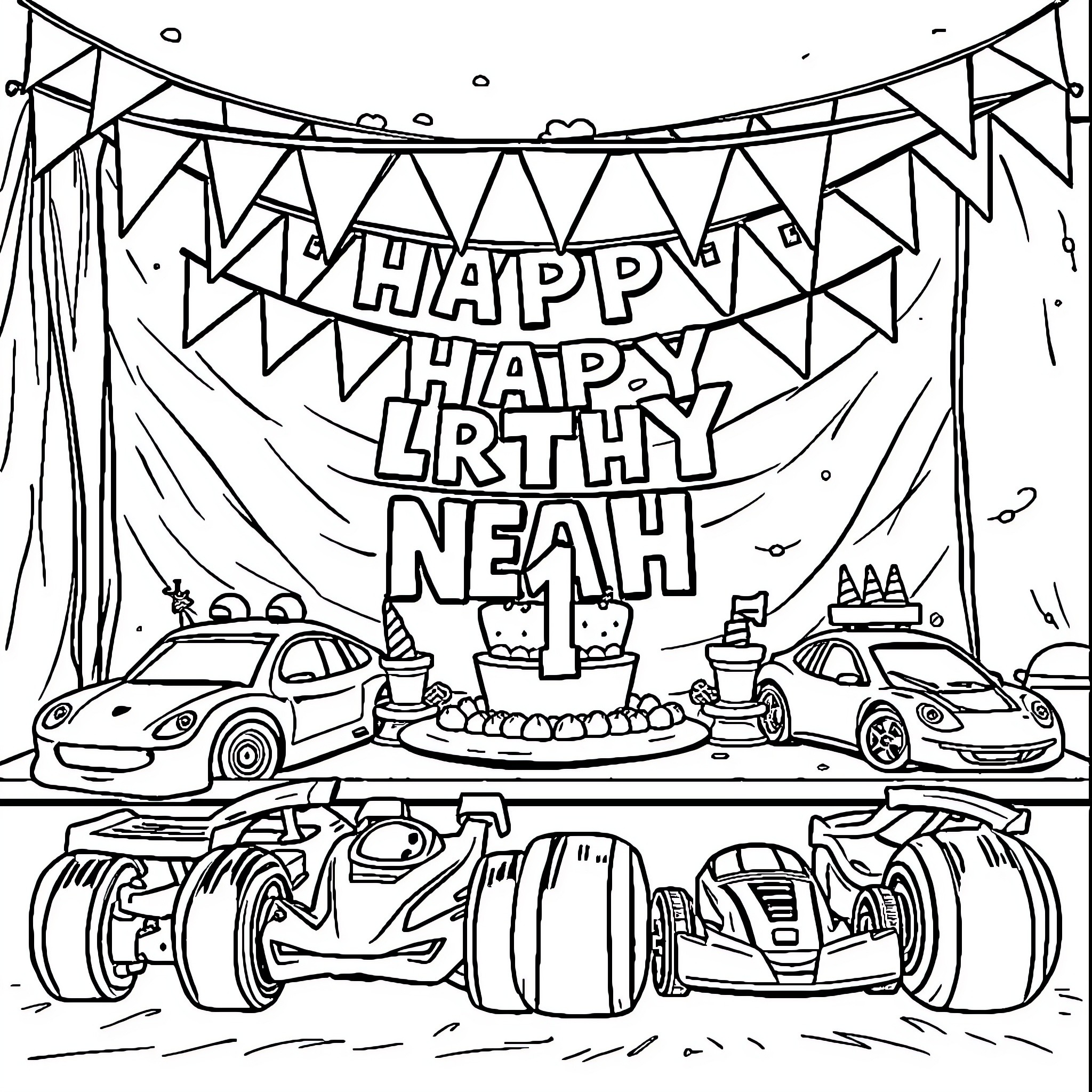 Race Car Birthday Party Celebration with Decorations Coloring Page (free black-and-white line drawing printable PDF for all, from beginners to advanced learners, including children, teens, adults, and seniors)