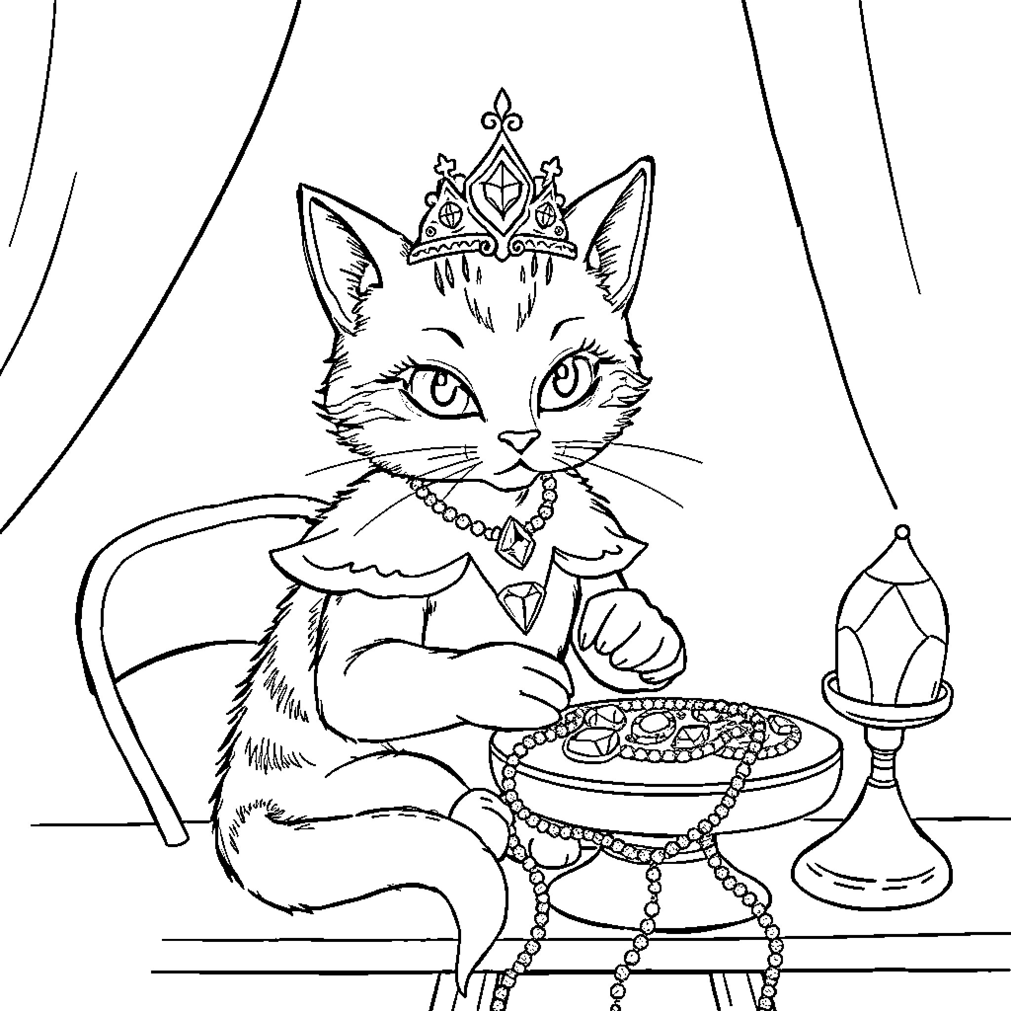 Cat wearing royal crown and jewels Coloring Page (free black-and-white line drawing printable PDF for all, from beginners to advanced learners, including children, teens, adults, and seniors)