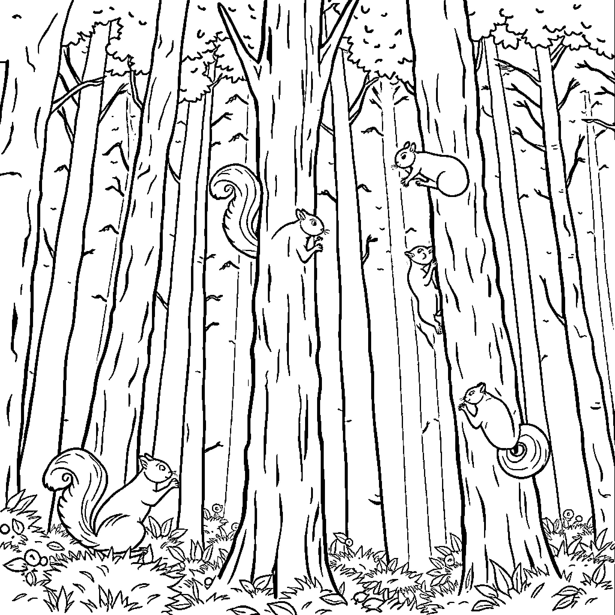 Squirrels playing among the trees in the forest Coloring Page (free black-and-white line drawing printable PDF for all, from beginners to advanced learners, including children, teens, adults, and seniors)