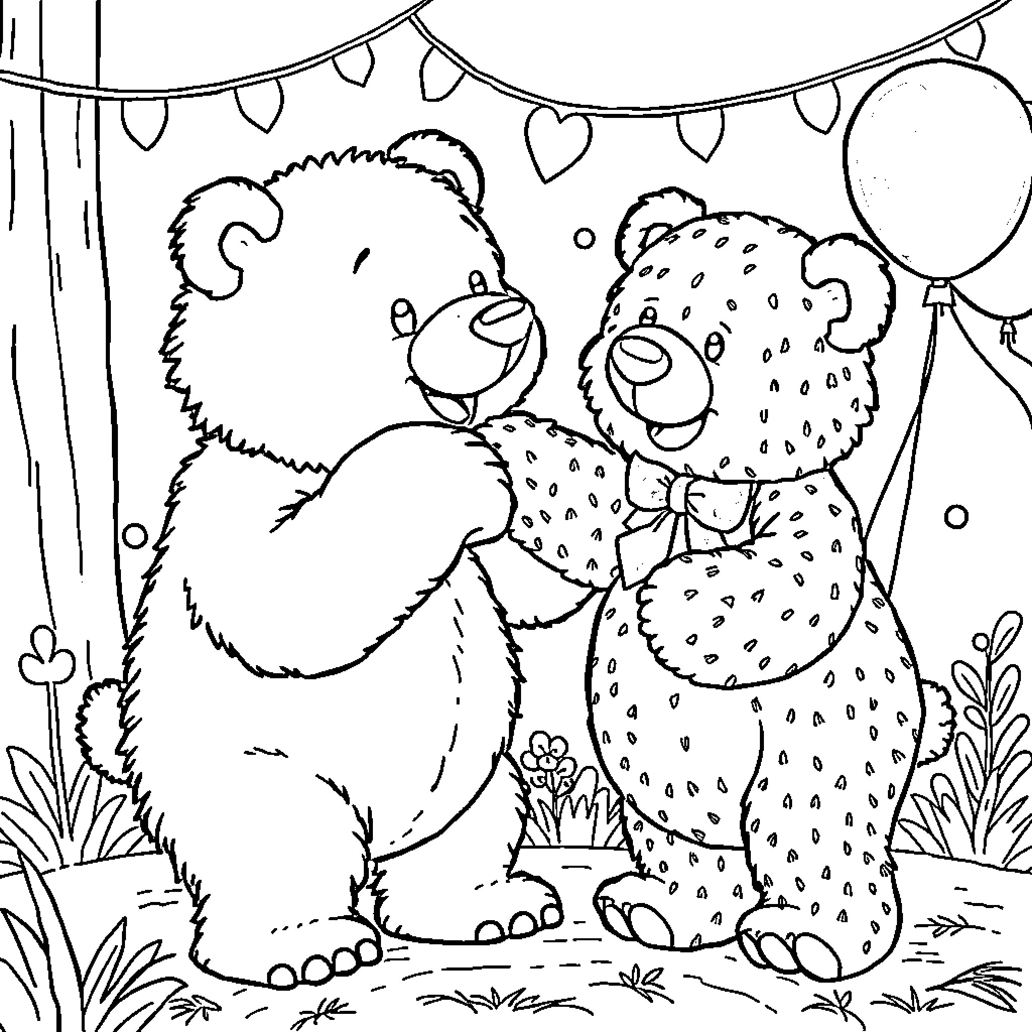 Bear companions embracing with balloons in nature Coloring Page (free black-and-white line drawing printable PDF for all, from beginners to advanced learners, including children, teens, adults, and seniors)