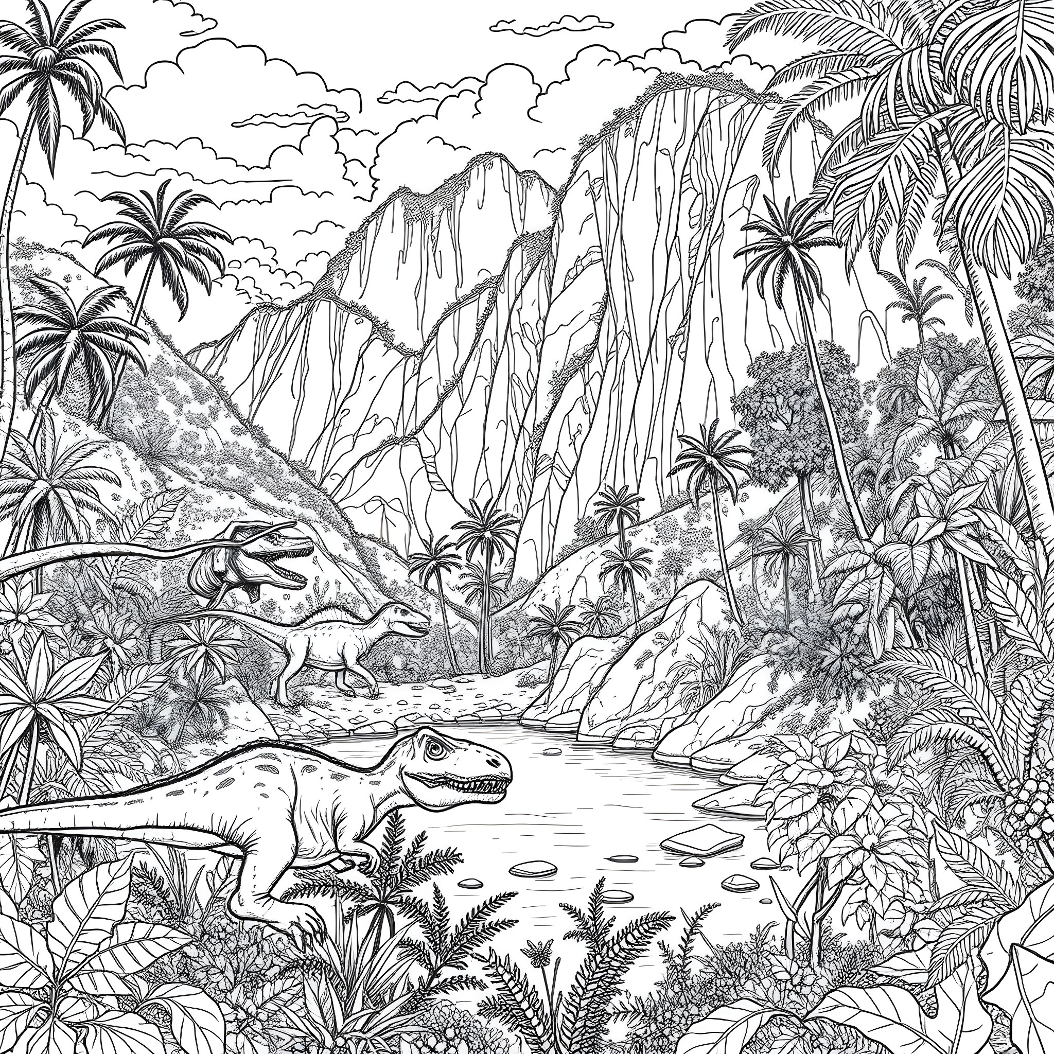 Jurassic Park - Dinosaurs in Prehistoric Landscape Coloring Page (free black-and-white line drawing printable PDF for all, from beginners to advanced learners, including children, teens, adults, and seniors)