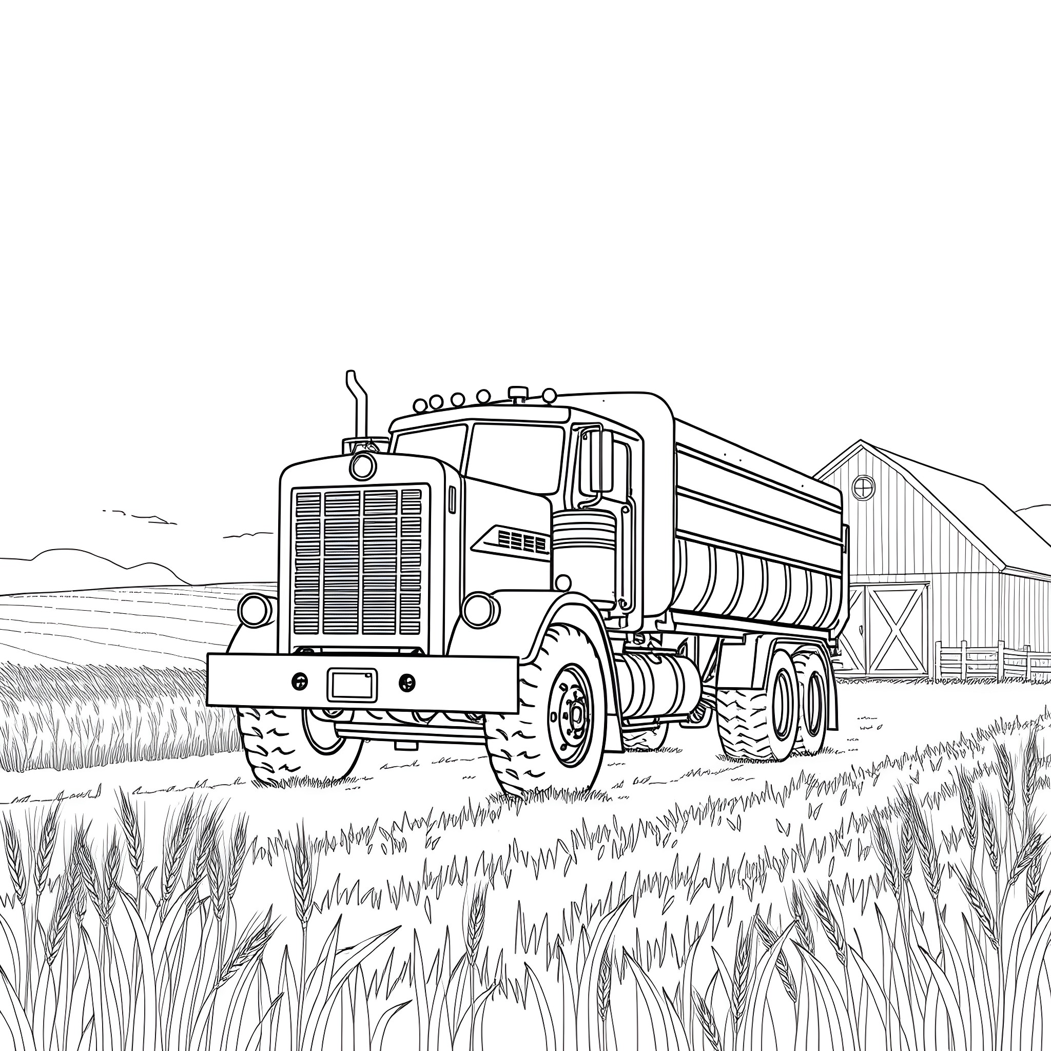 Grain Truck Hauling Harvest in Countryside Setting Coloring Page (free black-and-white line drawing printable PDF for all, from beginners to advanced learners, including children, teens, adults, and seniors)