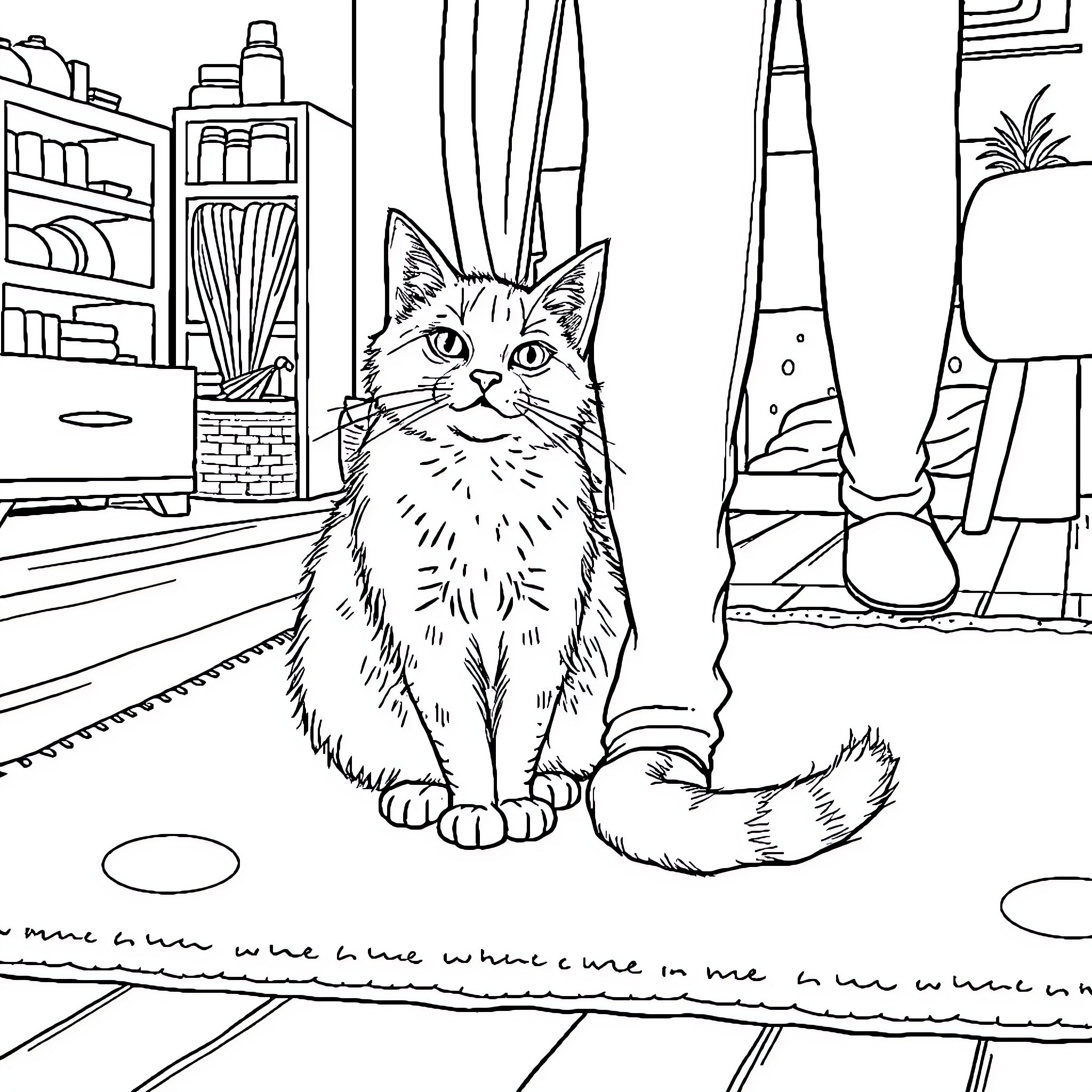 Cat sitting peacefully in a cozy home setting Coloring Page (free black-and-white line drawing printable PDF for all, from beginners to advanced learners, including children, teens, adults, and seniors)