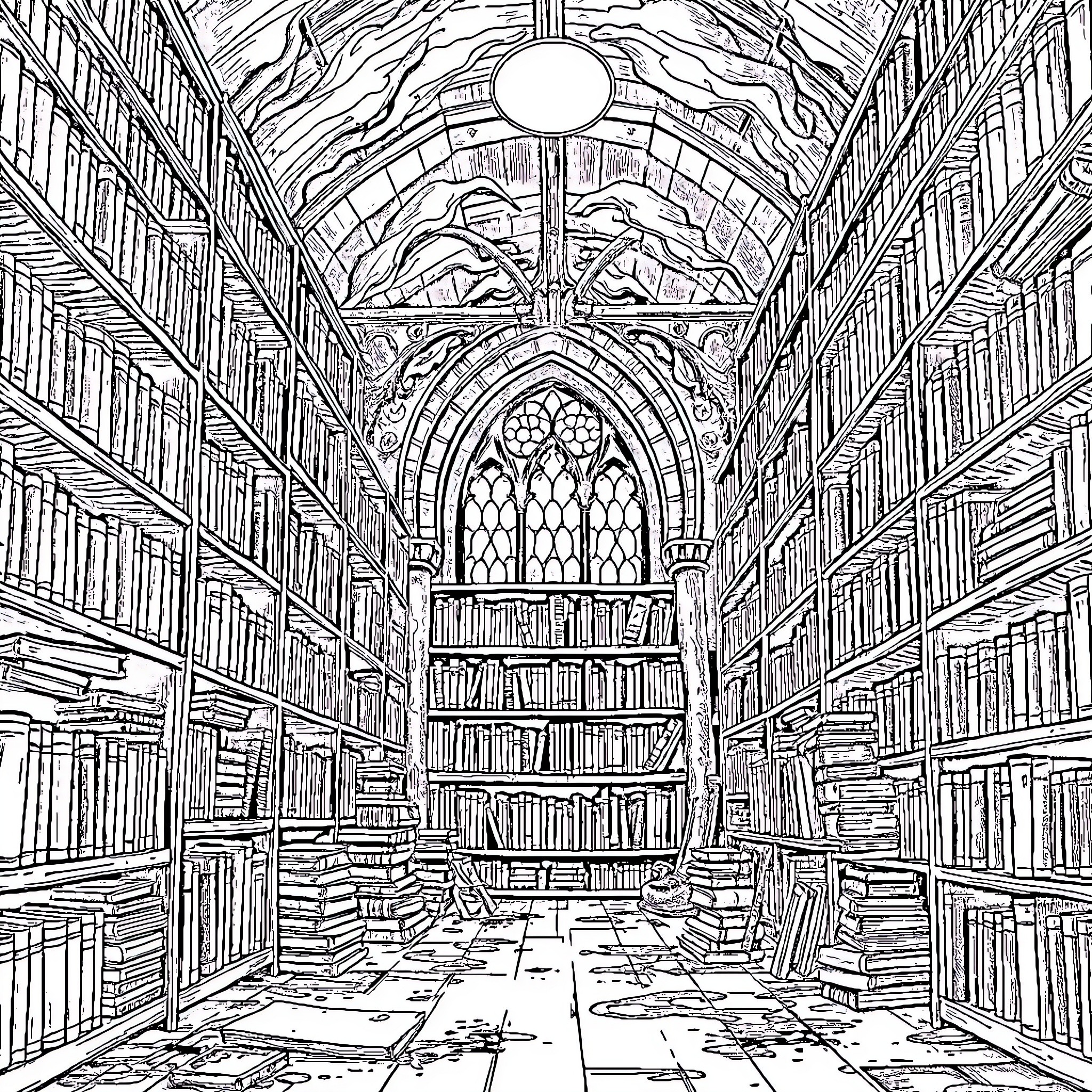 Library with Intricate Gothic Architecture and Bookshelves Coloring Page (free black-and-white line drawing printable PDF for all, from beginners to advanced learners, including children, teens, adults, and seniors)