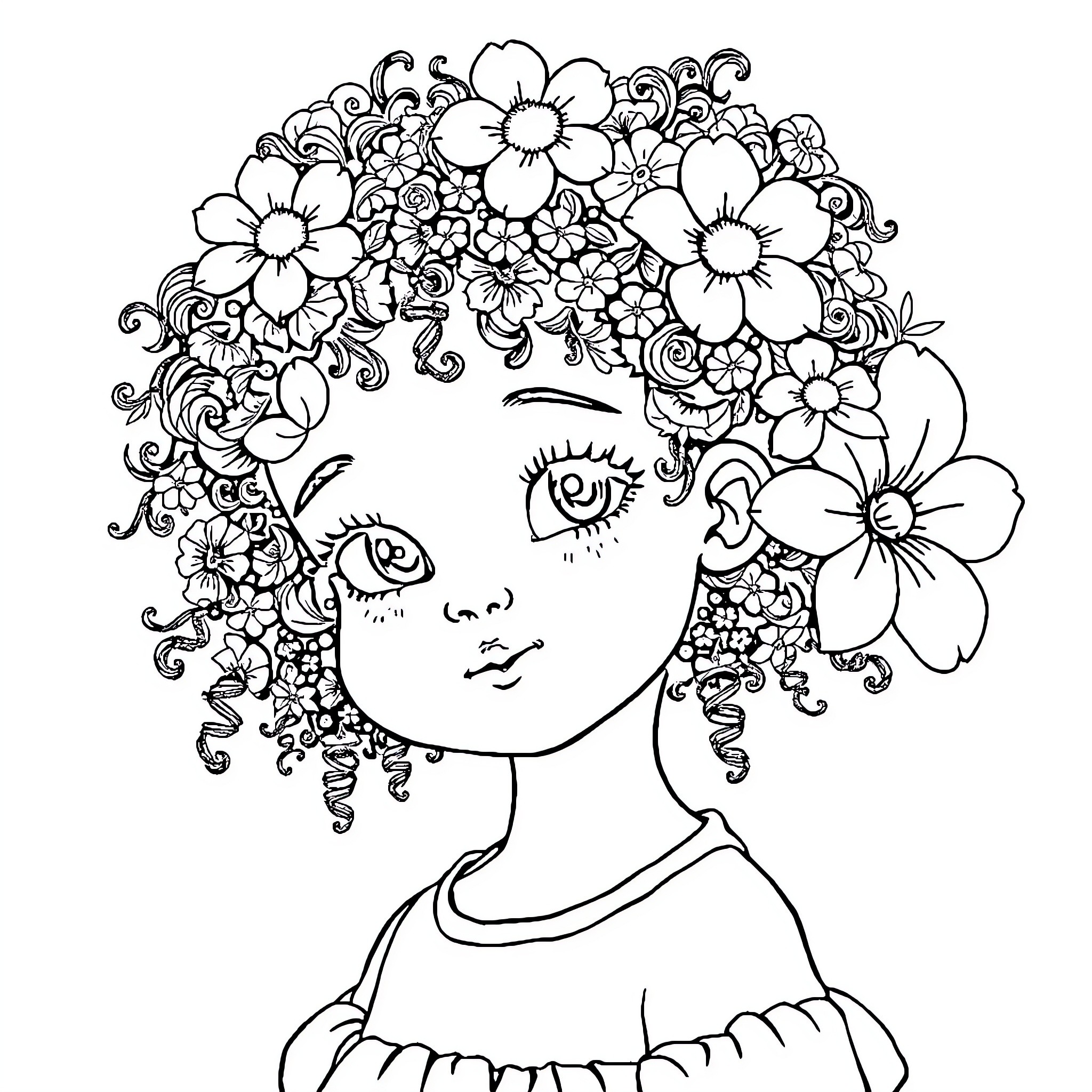 Girl with floral headdress and elegant dress Coloring Page (free black-and-white line drawing printable PDF for all, from beginners to advanced learners, including children, teens, adults, and seniors)