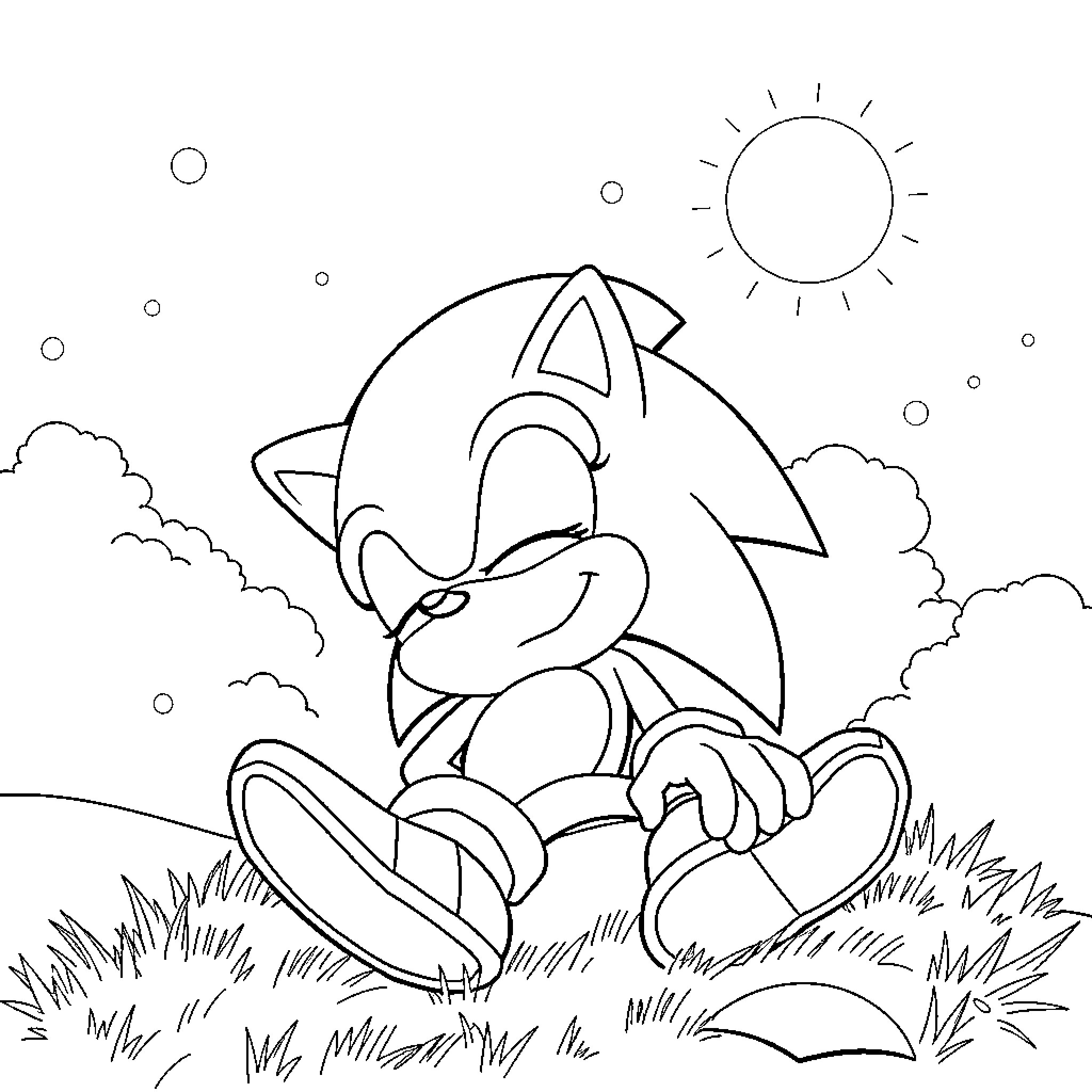 Sonic resting peacefully in a grassy meadow Coloring Page (free black-and-white line drawing printable PDF for all, from beginners to advanced learners, including children, teens, adults, and seniors)