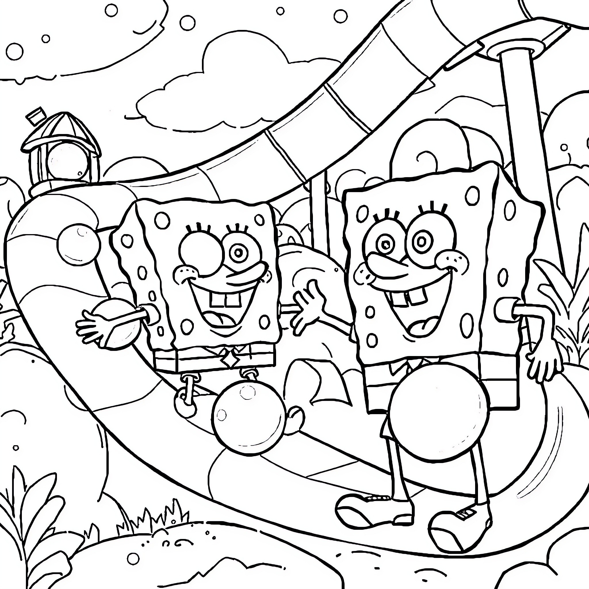 Spongebob and Patrick have fun at the amusement park Coloring Page (free black-and-white line drawing printable PDF for all, from beginners to advanced learners, including children, teens, adults, and seniors)